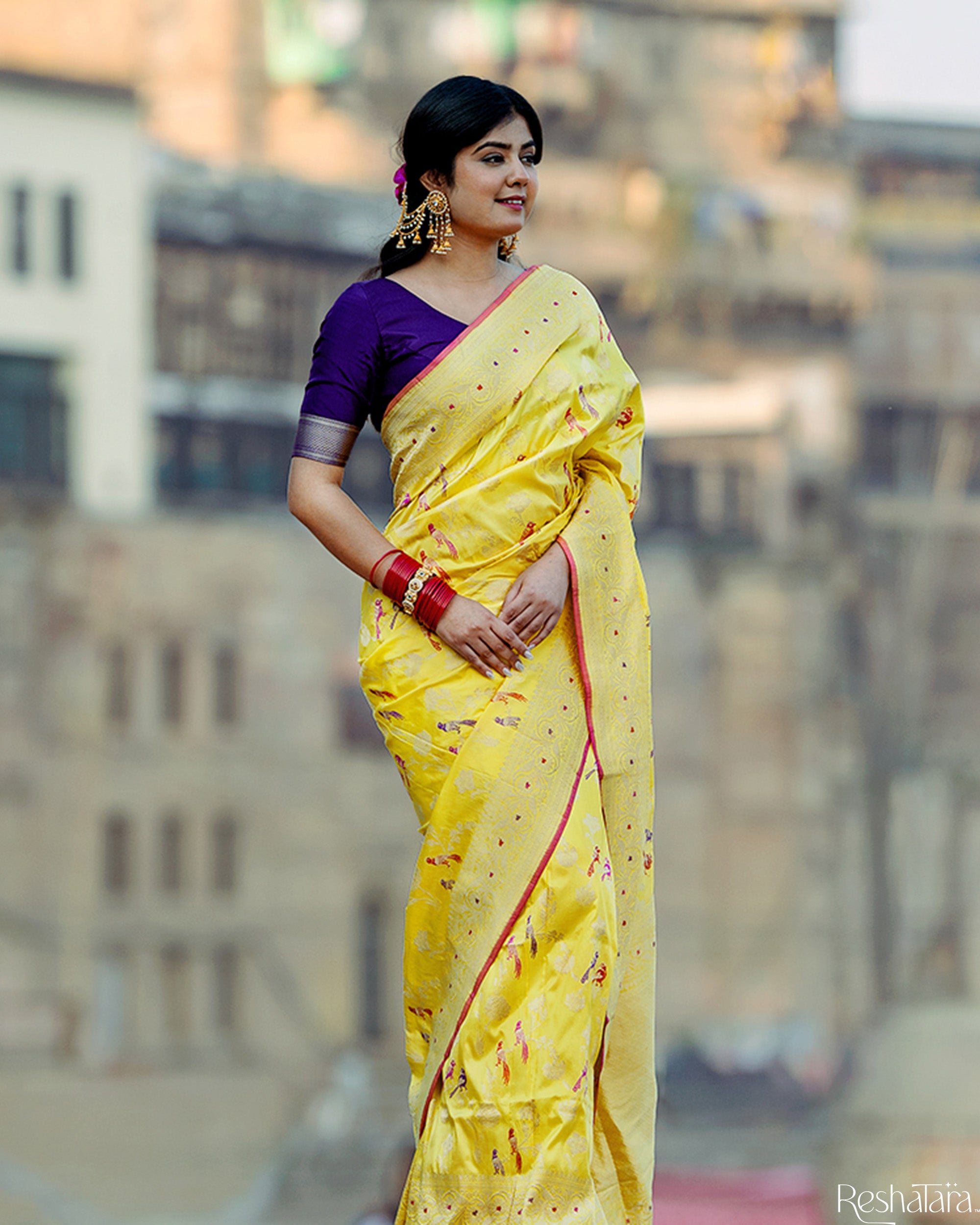 Canary Yellow Meenadar Pure Katan Silk Banarasi Jangla Handloom Saree