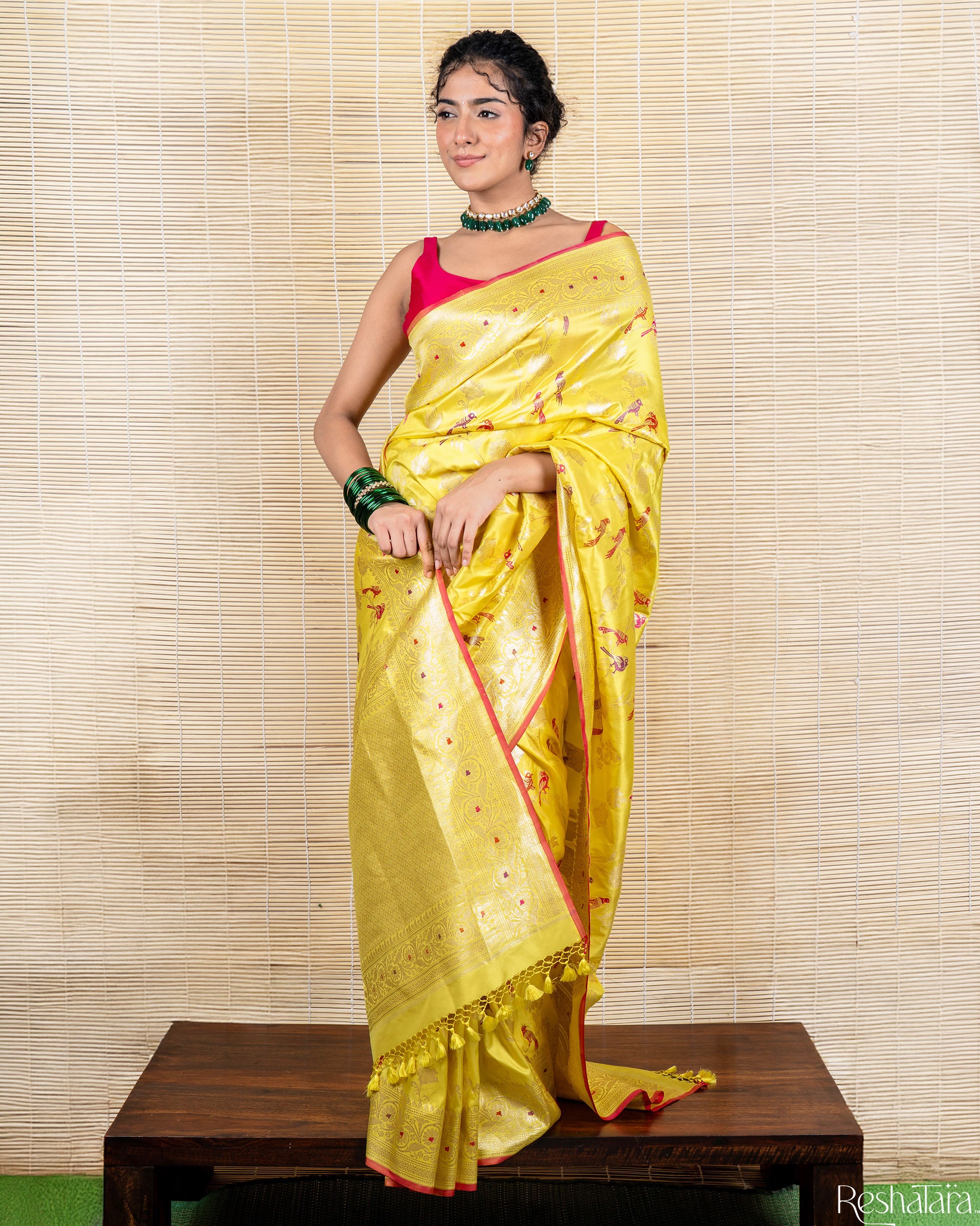 Canary Yellow Meenadar Pure Katan Silk Banarasi Jangla Handloom Saree