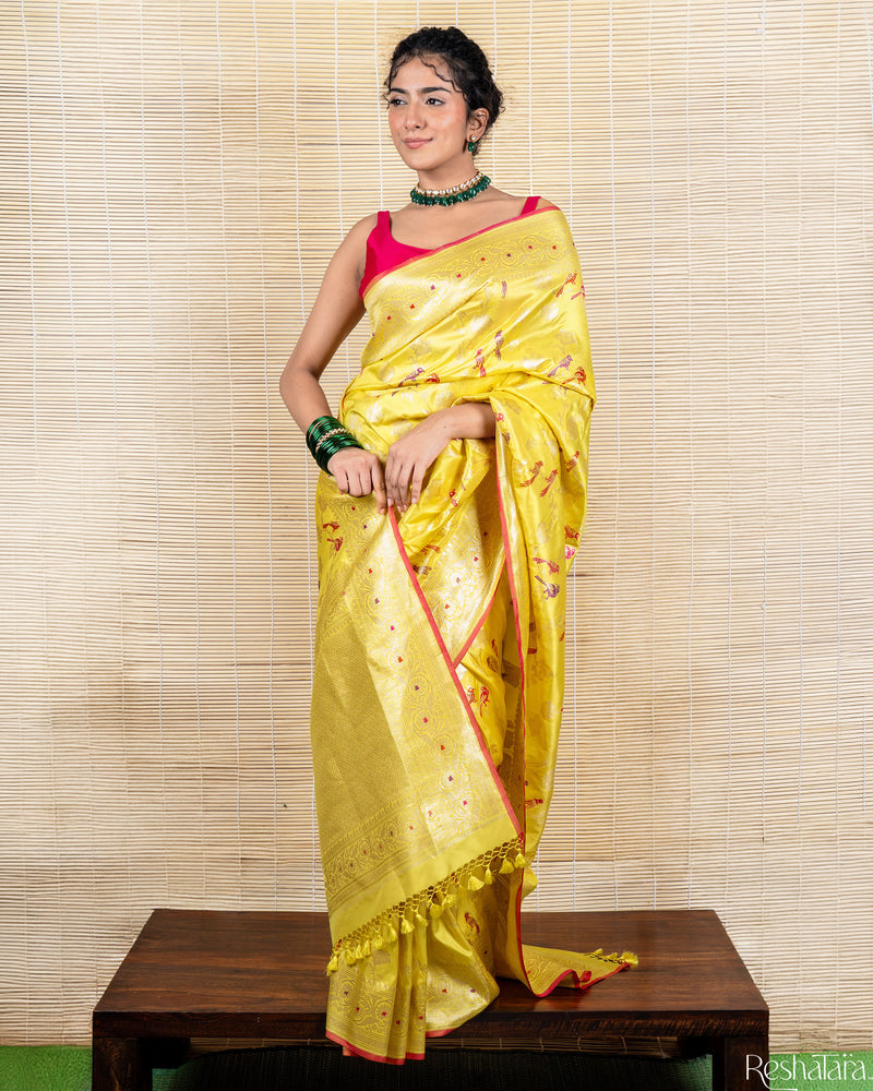 Canary Yellow Meenadar Pure Katan Silk Banarasi Jangla Handloom Saree