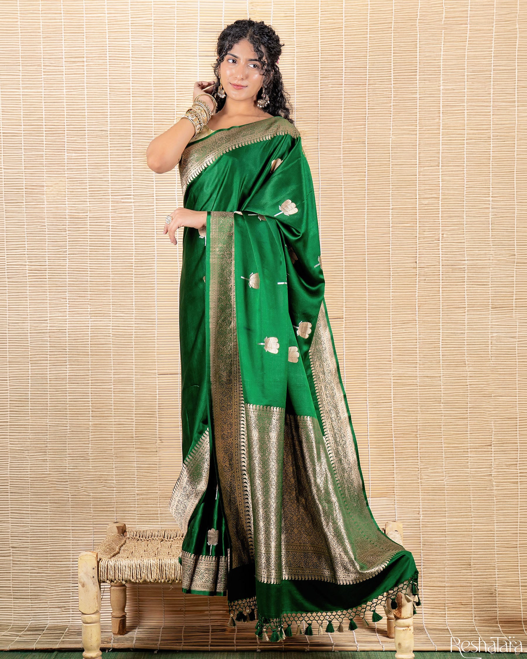 Emerald Green Sona Rupa Kadhua Pure Mulberry Silk Banarasi Handloom Saree