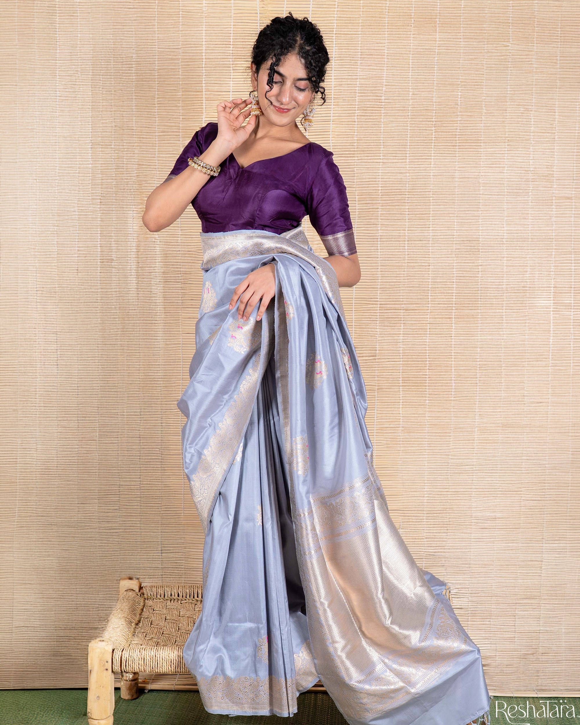 Lavender Grey Meenadar Kadhua Pure Katan Silk Banarasi Handloom Saree