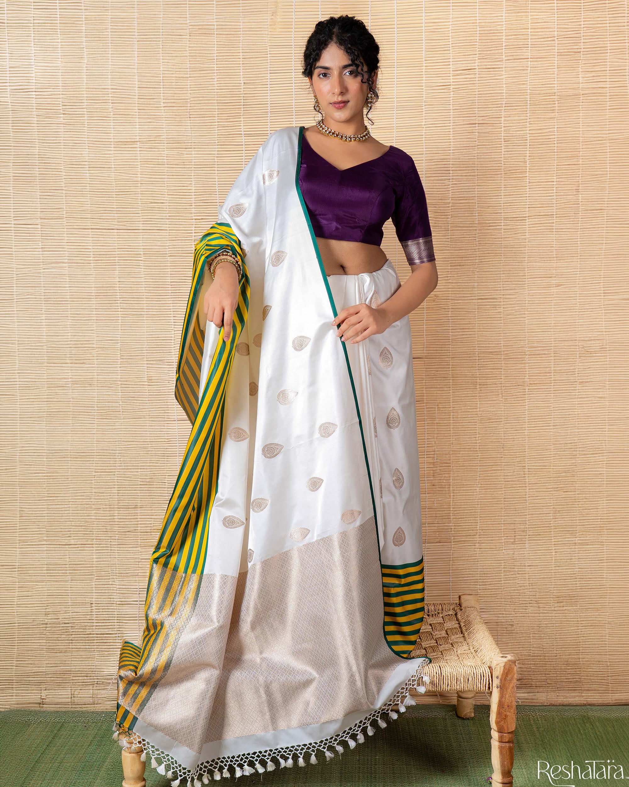 Pearl White Kadhua Mulberry Banarasi Silk Handloom Saree