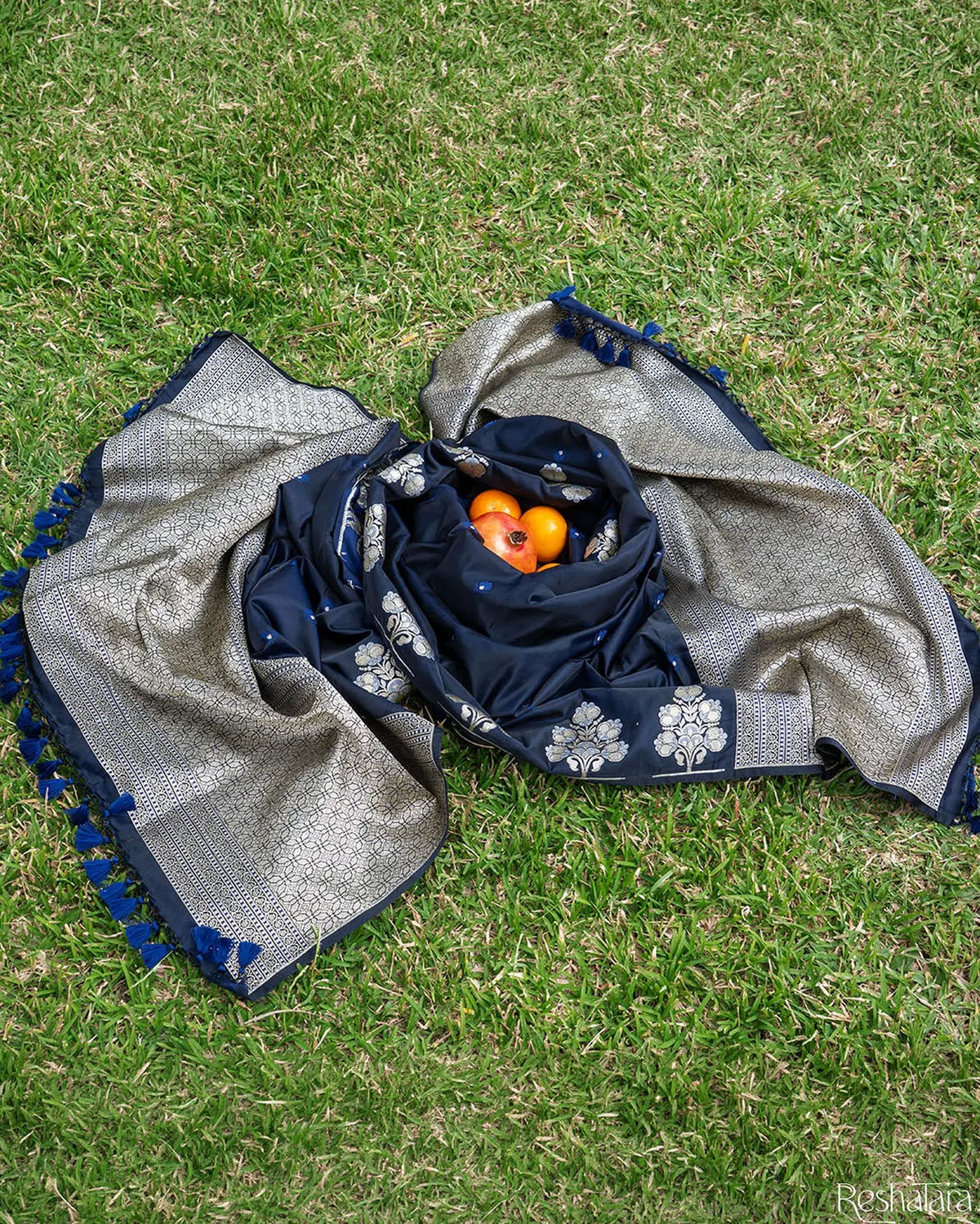 Navy Blue Mulberry Silk Banarasi Handloom Dupatta