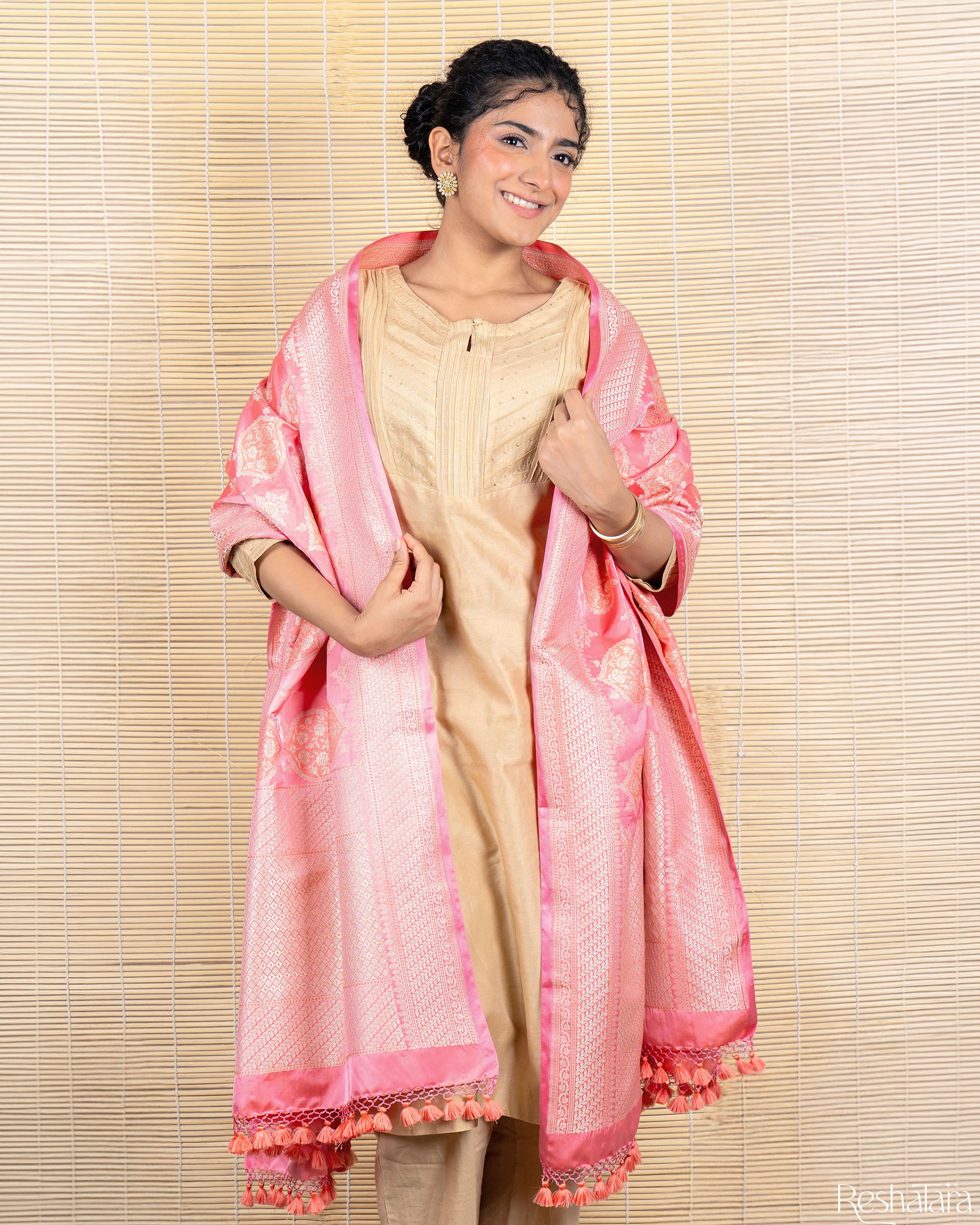 Blush Pink Mashru Silk Banarasi Handloom Dupatta