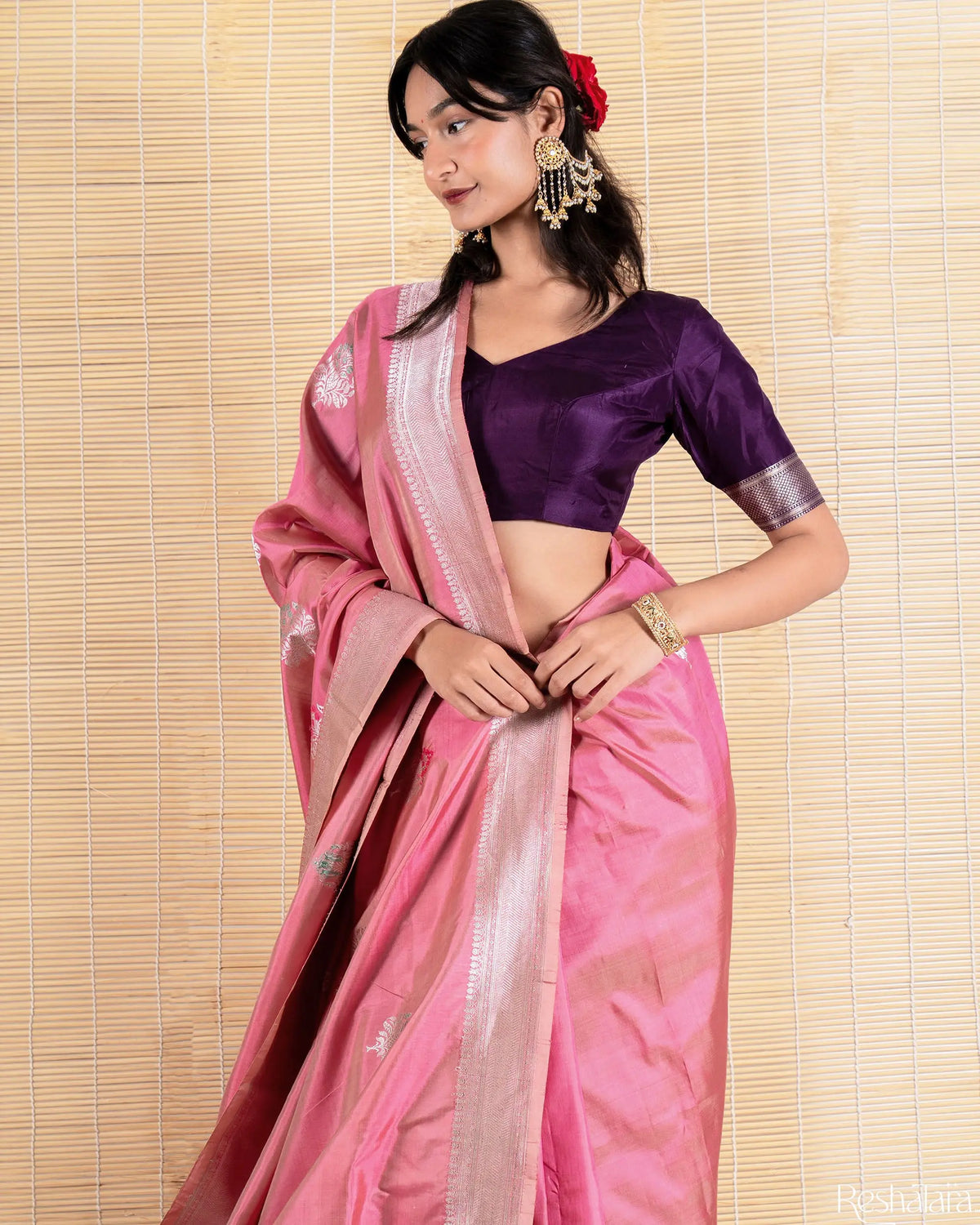 Onion Pink Meenadar Kadhua Pure Katan Silk Banarasi Handloom Saree