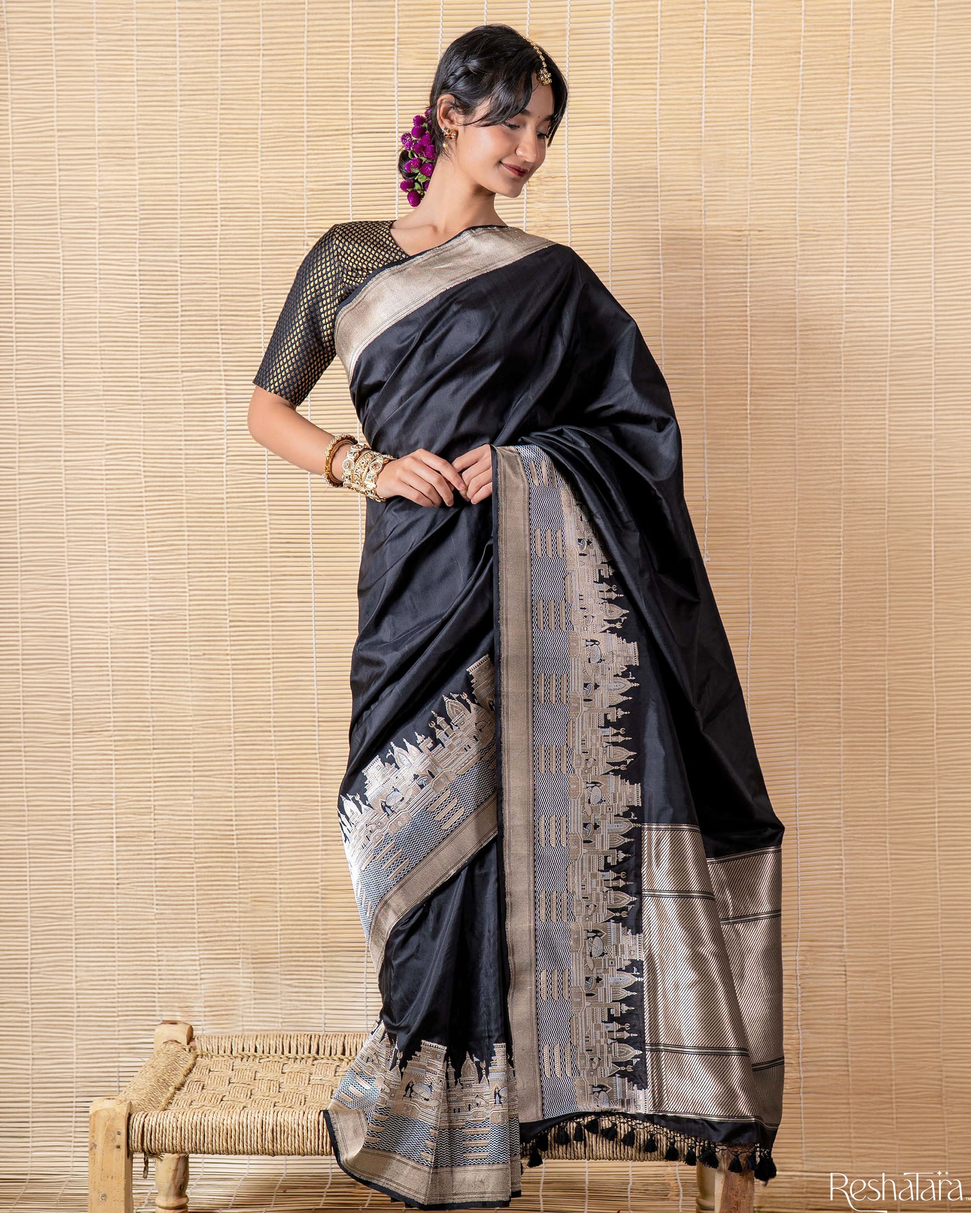 Kashi' Black Kadhua Pure Katan Silk Banarasi Handloom Saree