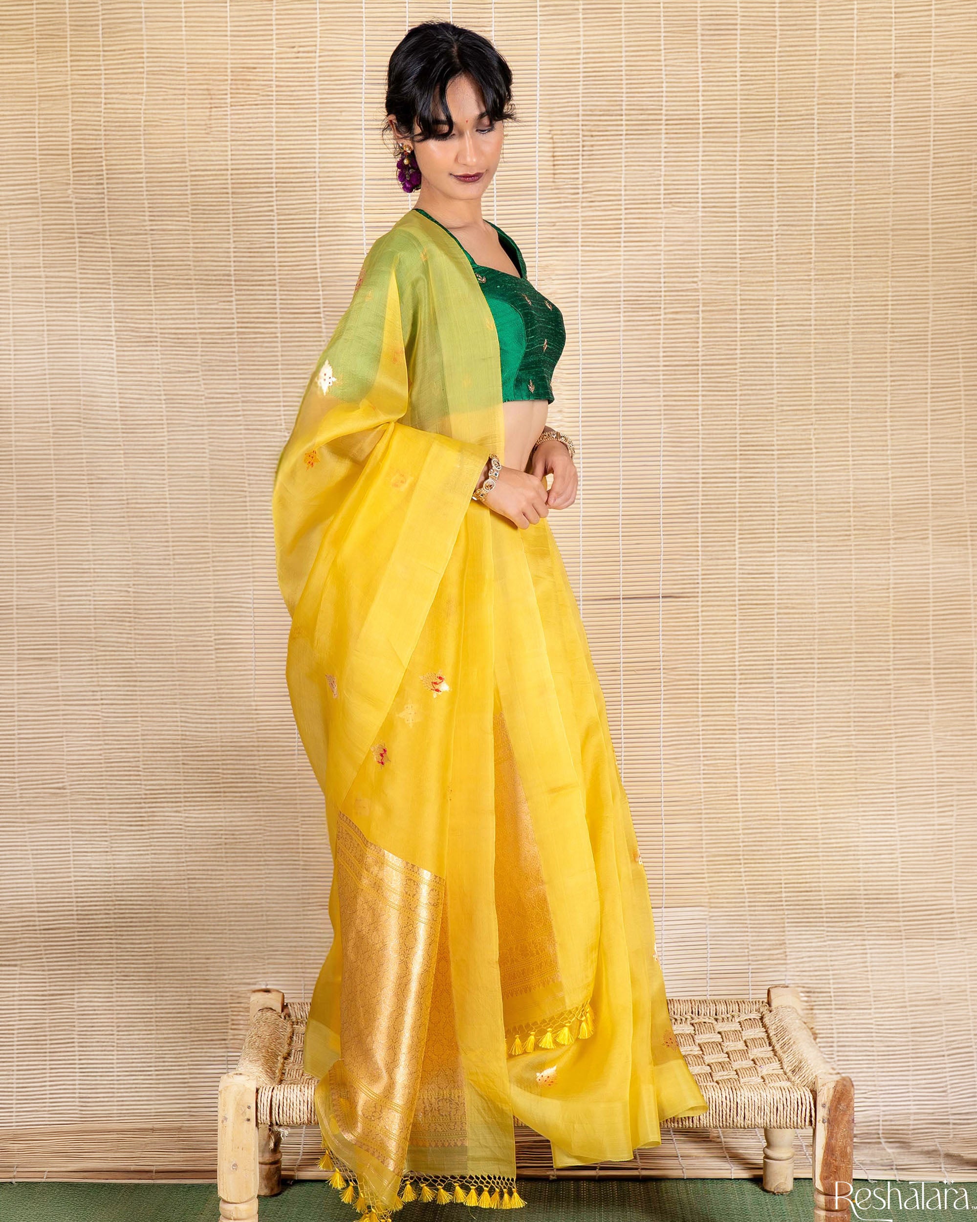 Lemon Yellow Kadhua Pure Kora Silk Banarasi Handloom Saree