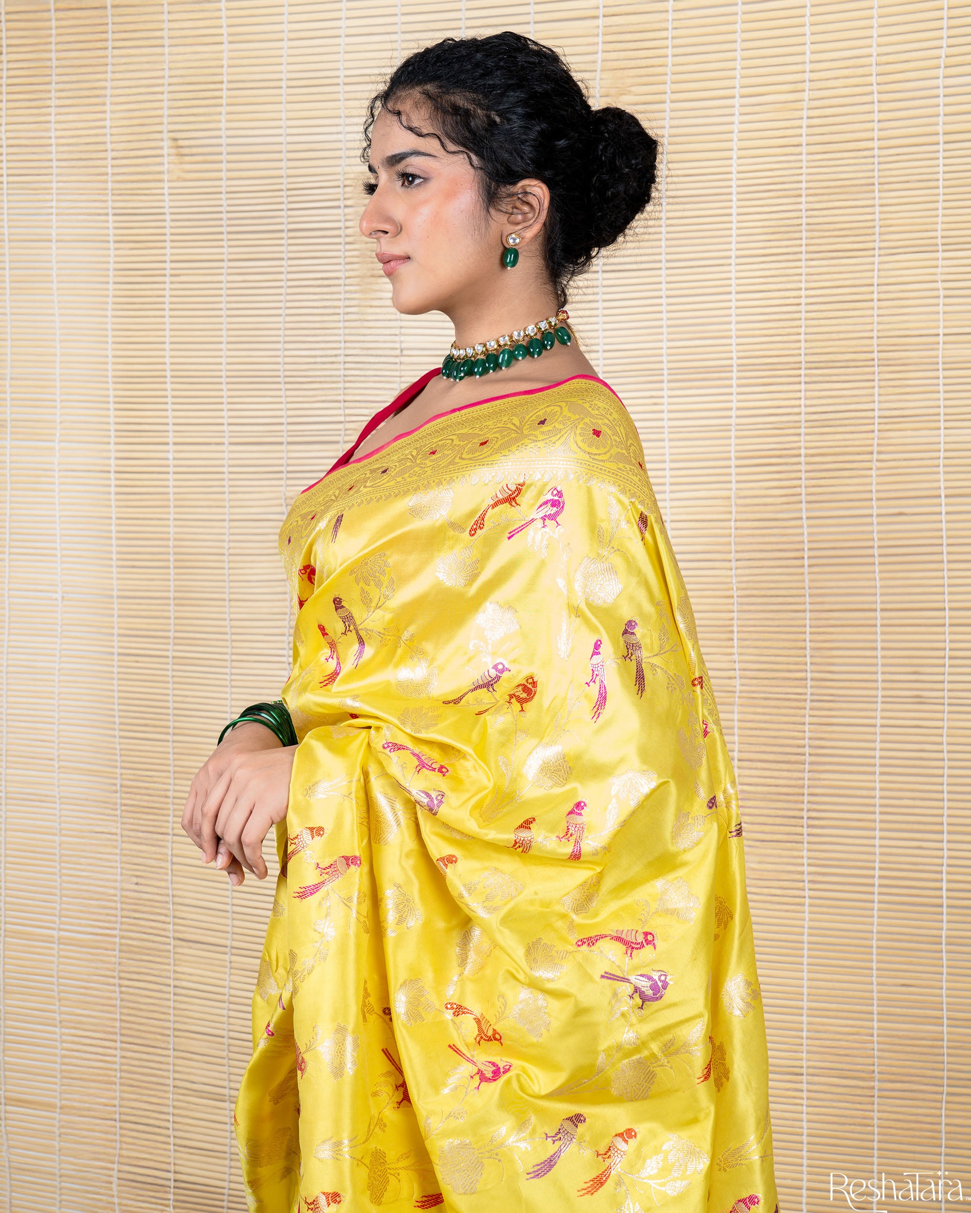 Canary Yellow Meenadar Pure Katan Silk Banarasi Jangla Handloom Saree