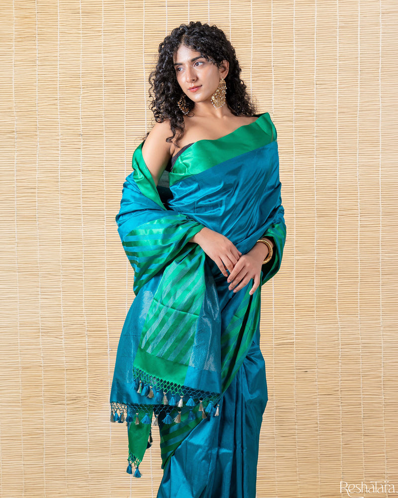 Ocean Blue Pure Mulberry Silk Banarasi Handloom Saree
