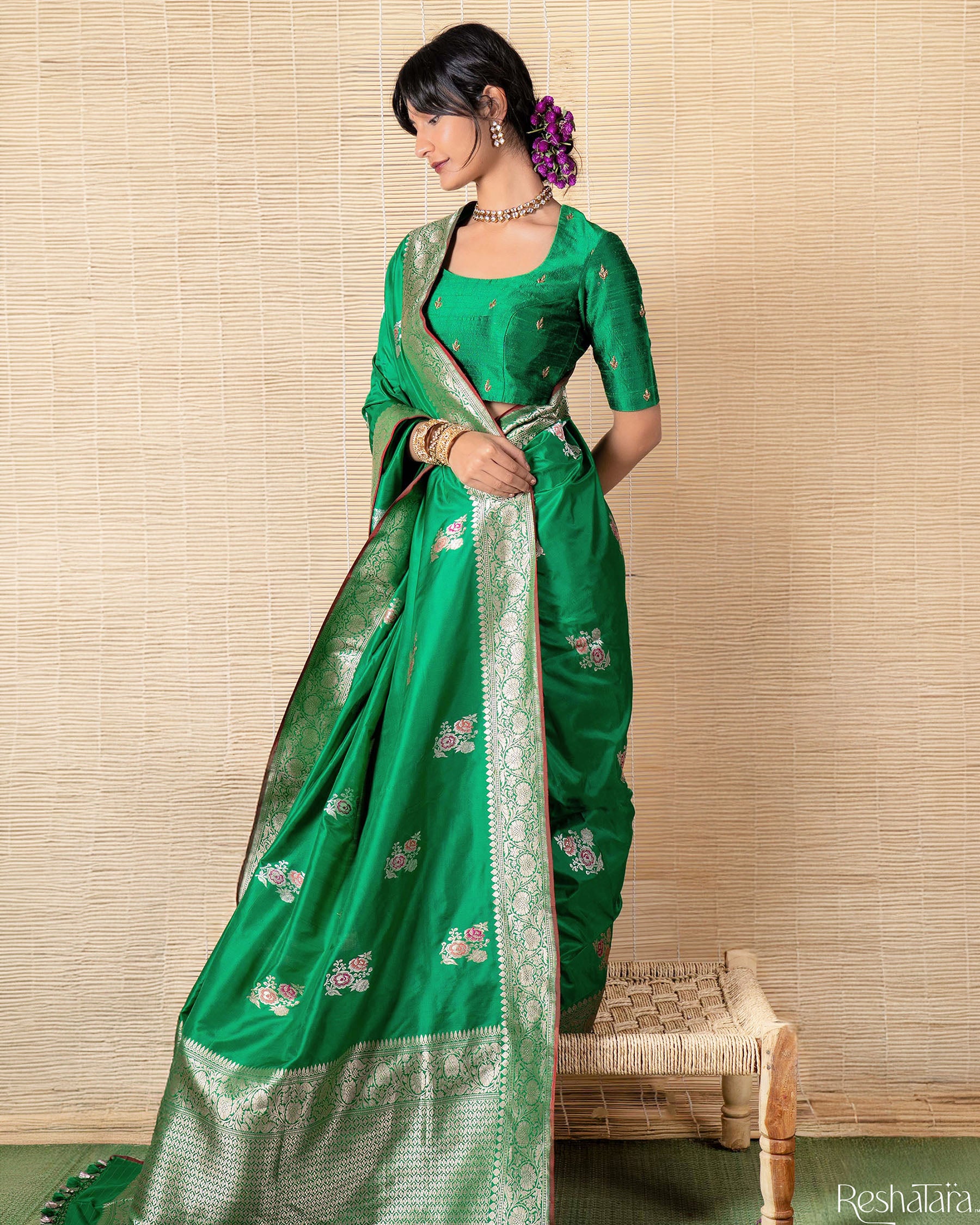 Vibrant Green Sona Rupa Meenadar Kadhua Pure Katan Silk Banarasi Handloom Saree