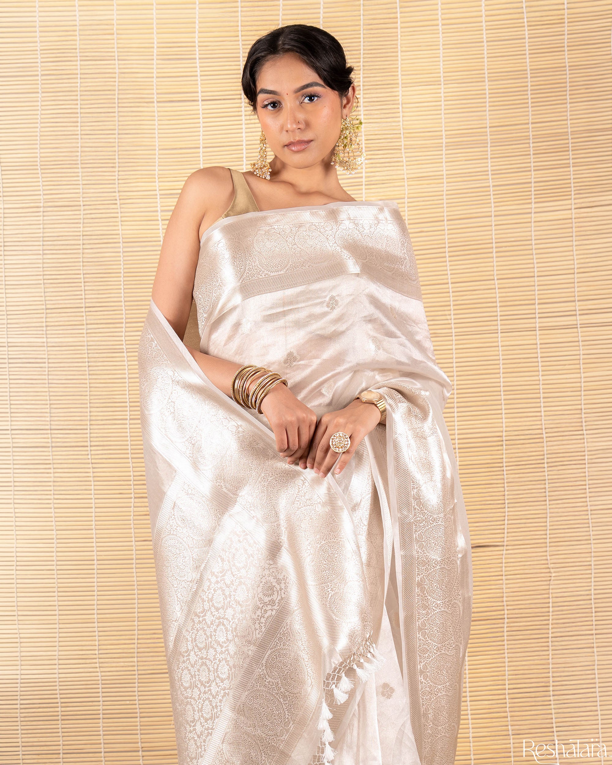 Metallic Silver Tissue Silk Banarasi Handloom Saree