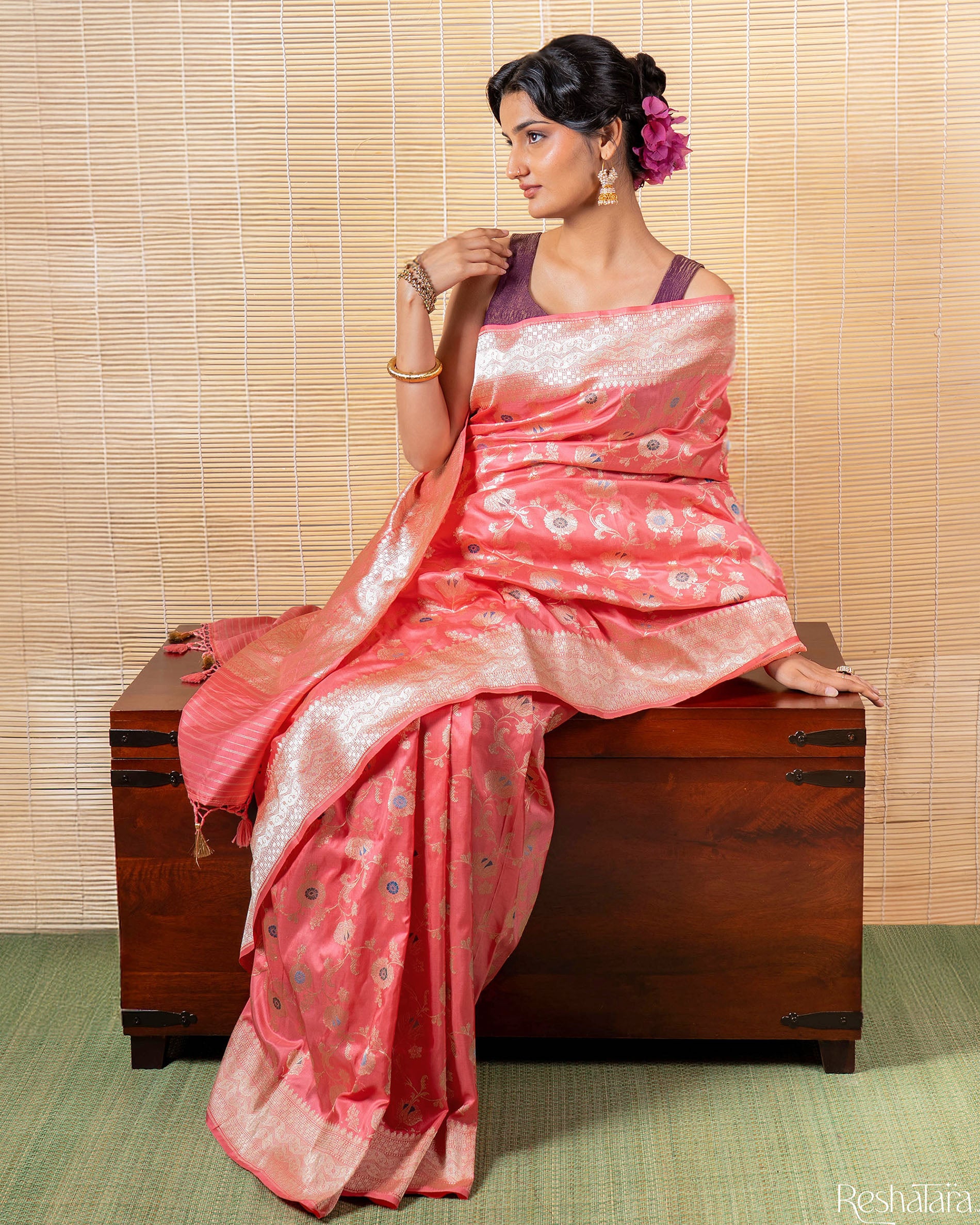 Rose Pink Meenadar Pure Katan Silk Banarasi Jangla Handloom Saree