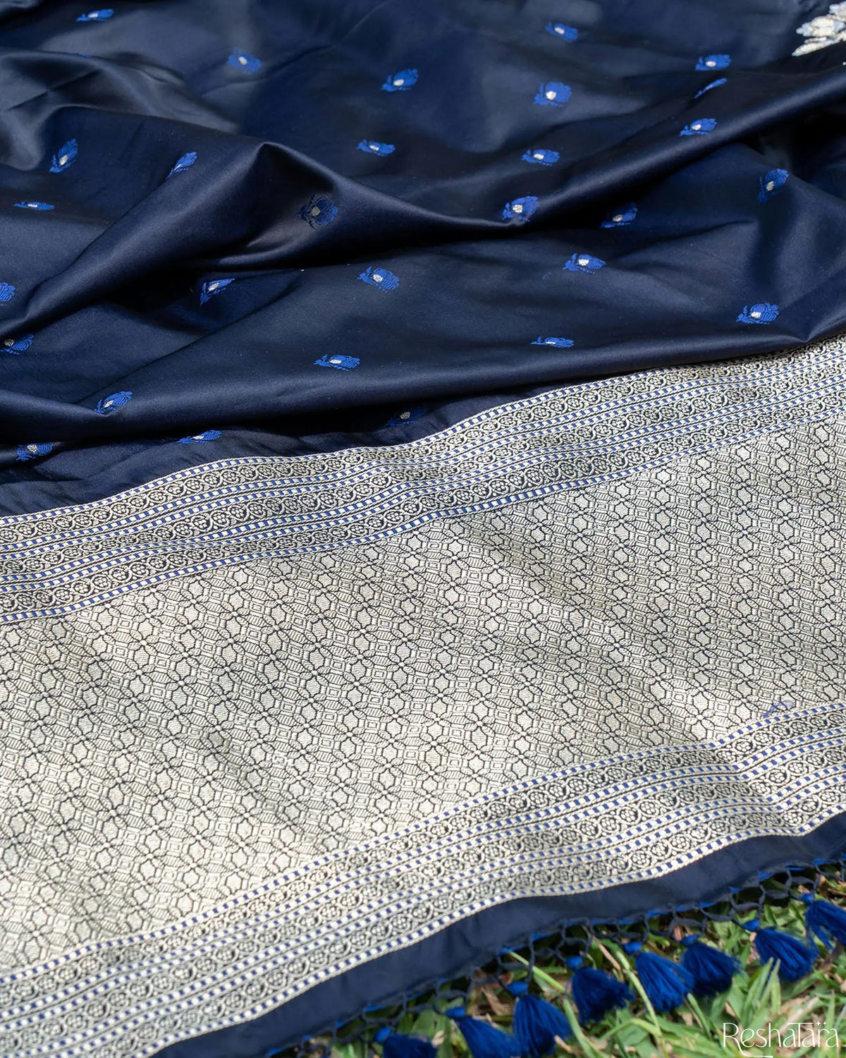 Navy Blue Mulberry Silk Banarasi Handloom Dupatta