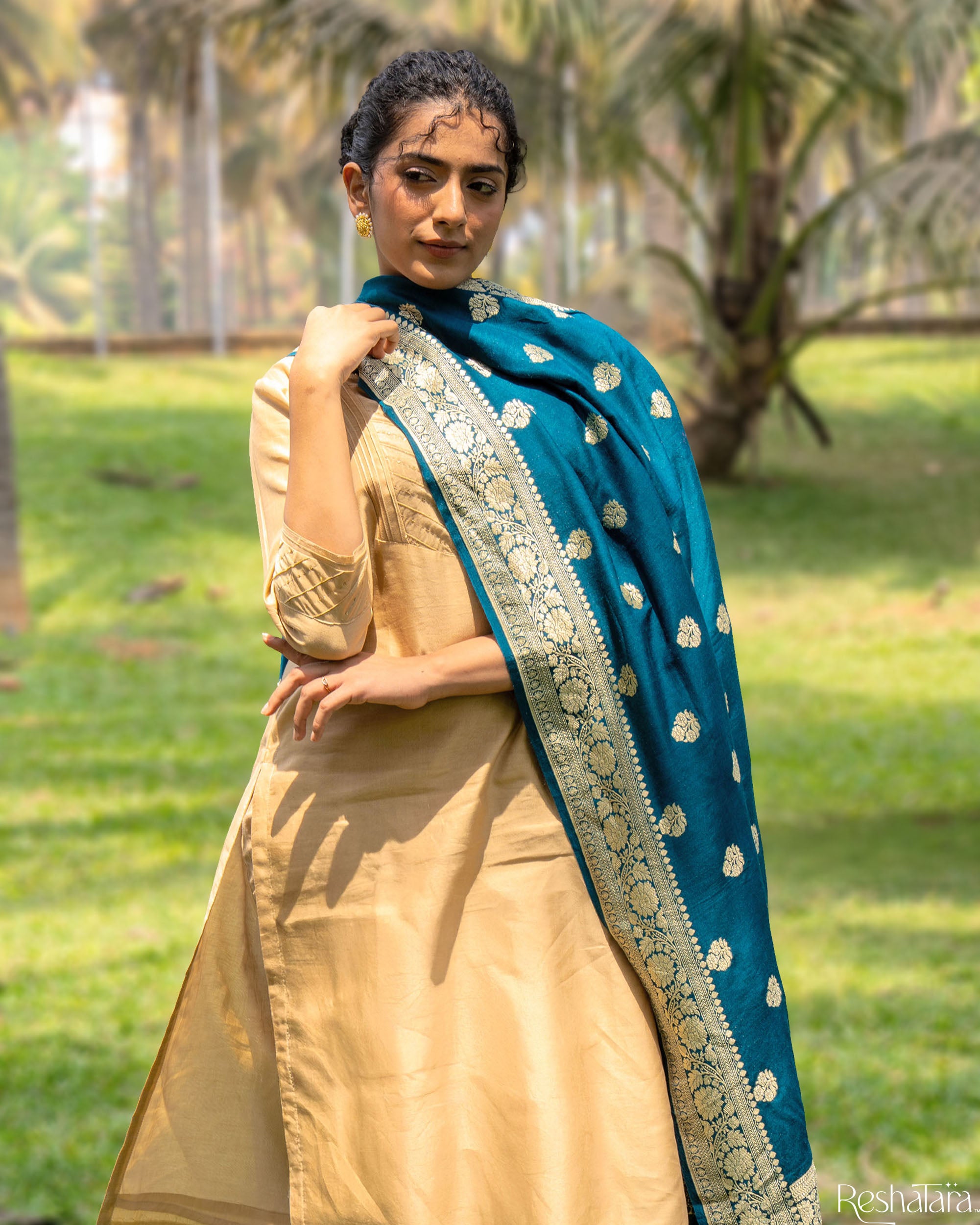 Teal Munga Silk Banarasi Handloom Dupatta