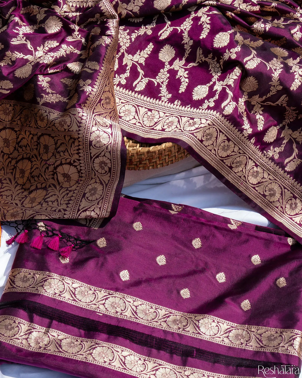 Purple Pure Katan Silk Banarasi Handloom Suit Set