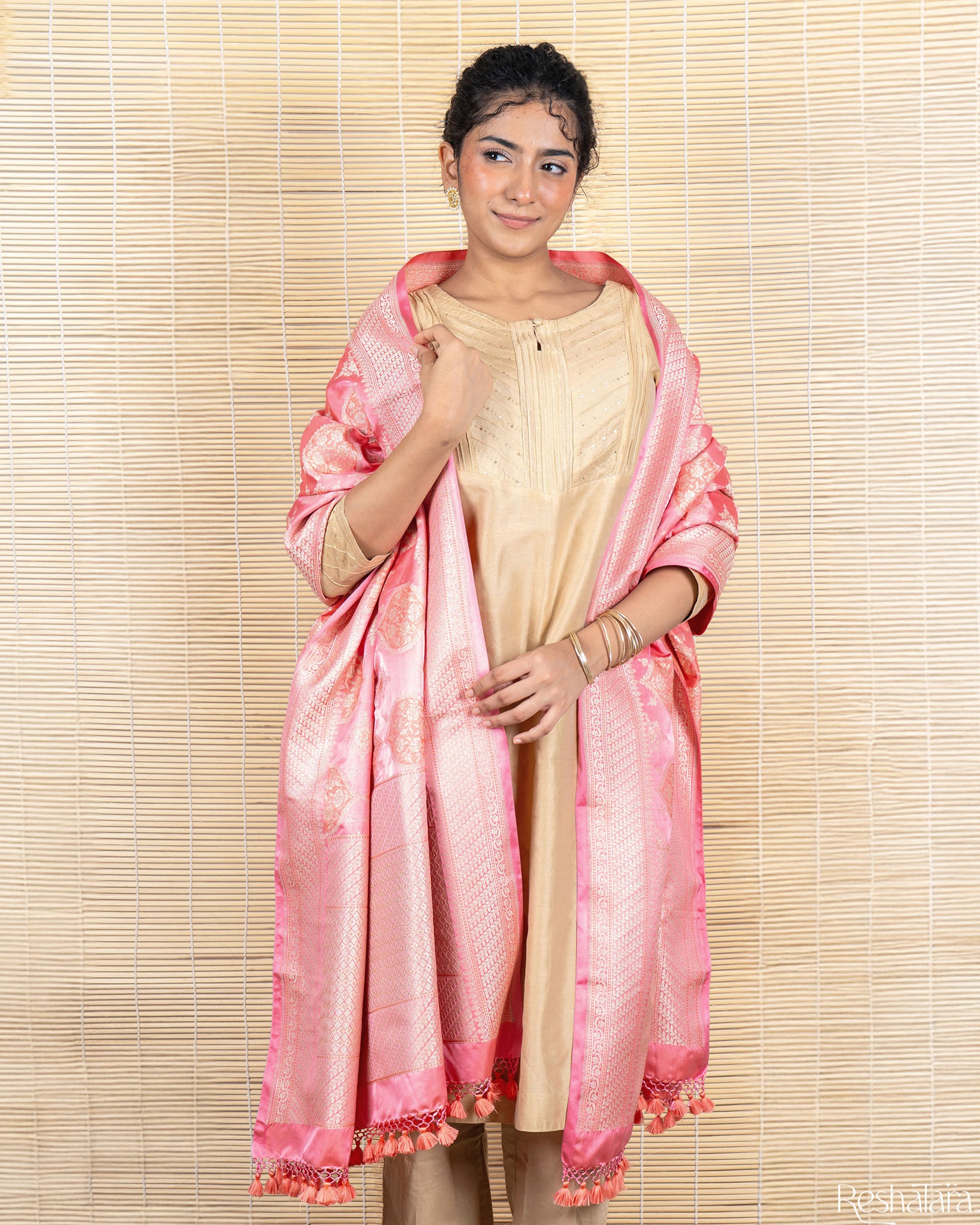 Blush Pink Mashru Silk Banarasi Handloom Dupatta