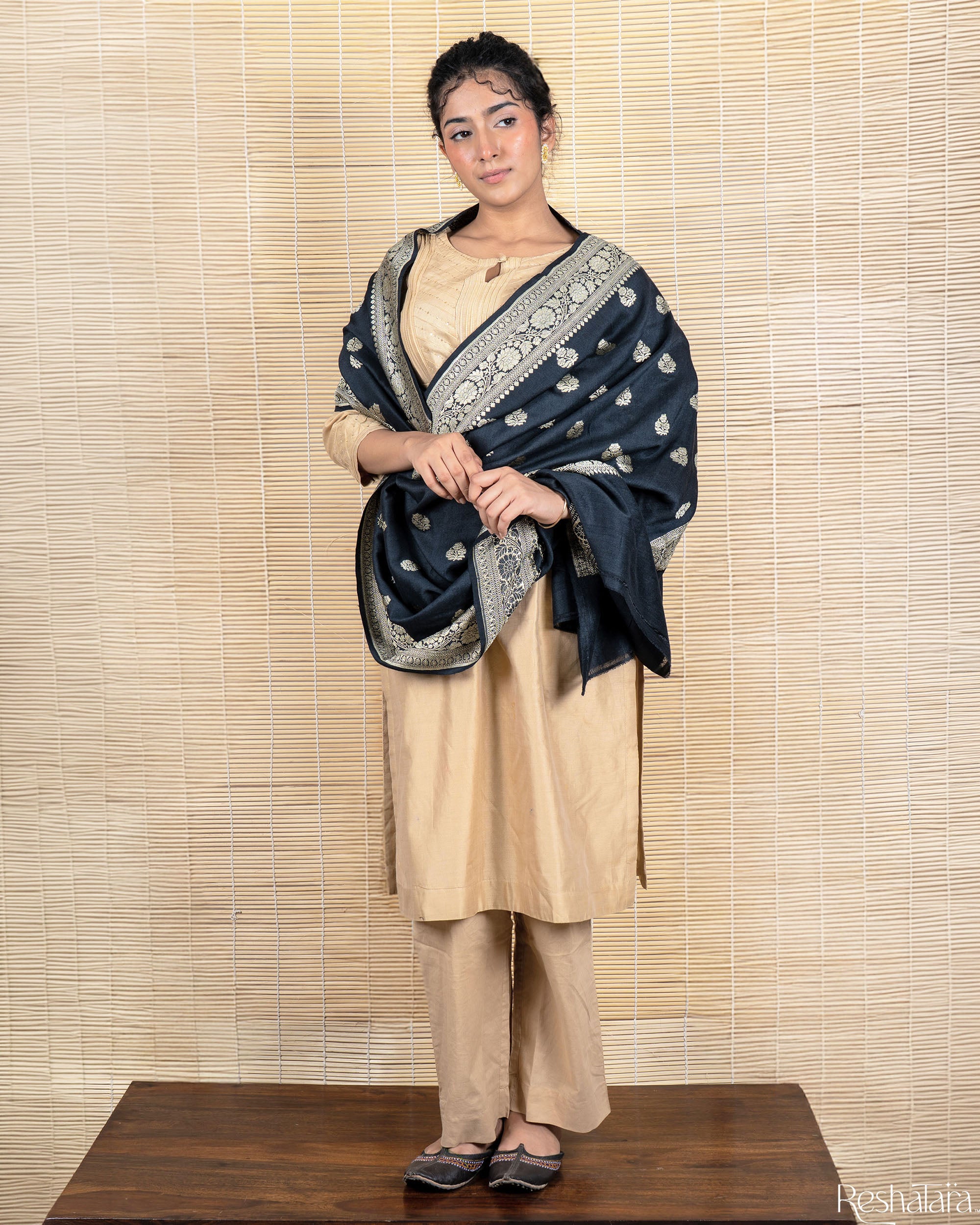 Black Munga Silk Banarasi Handloom Dupatta