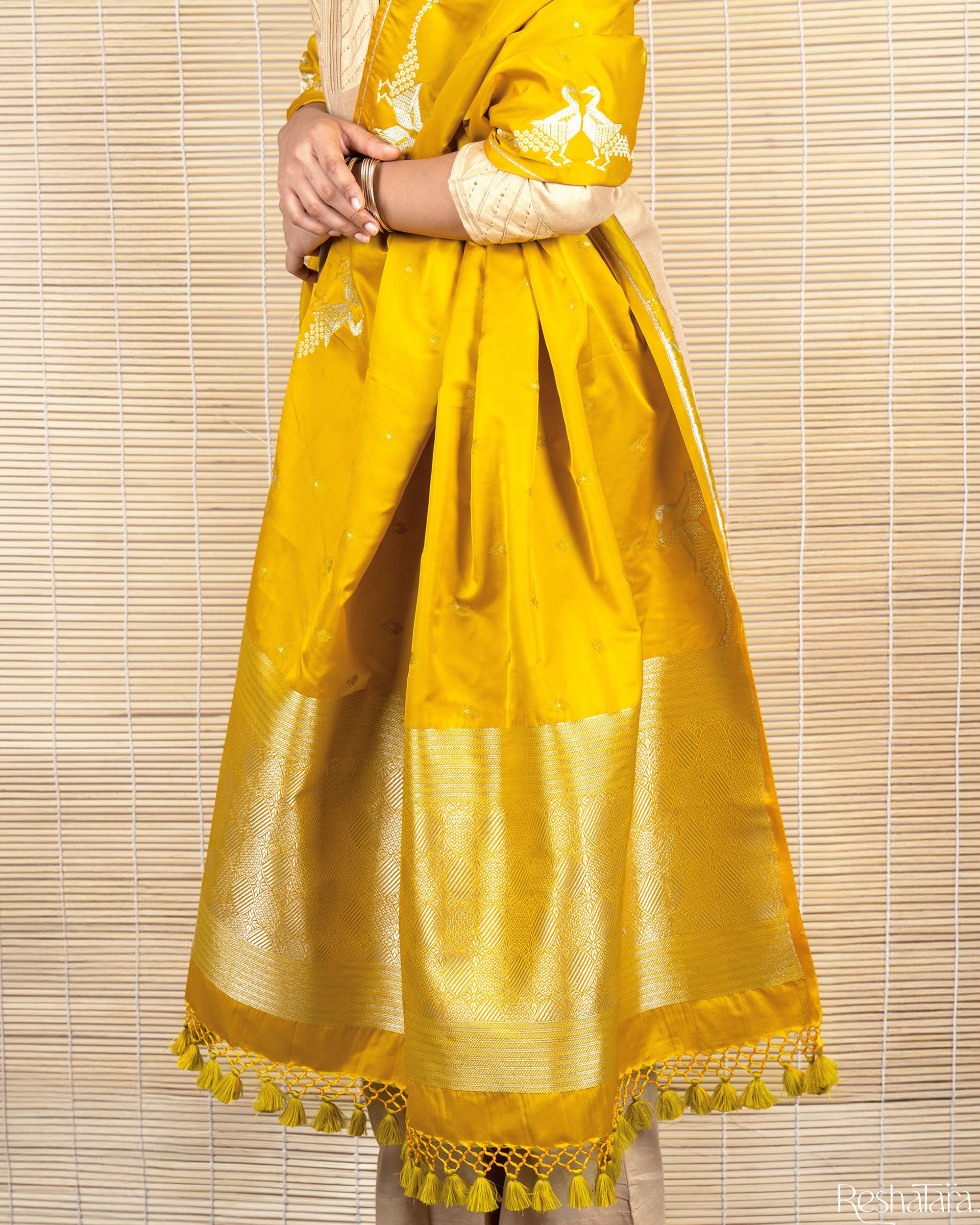 Mango Yellow Mulberry Silk Banarasi Handloom Dupatta
