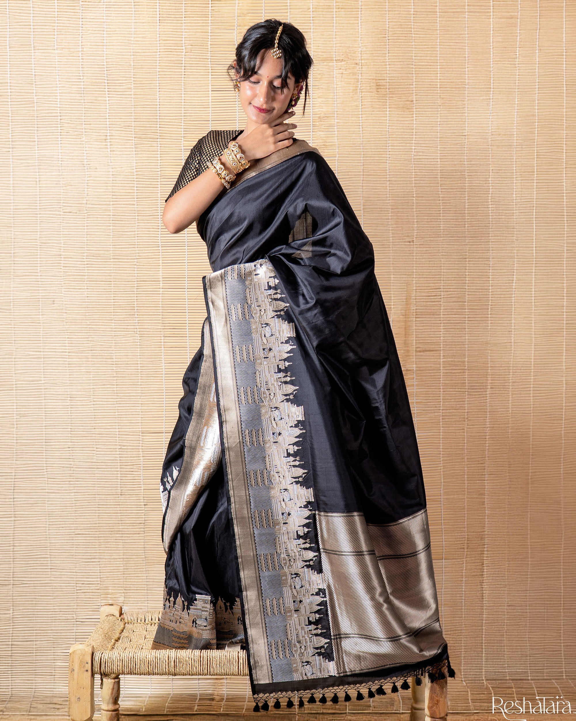 Kashi' Black Kadhua Pure Katan Silk Banarasi Handloom Saree