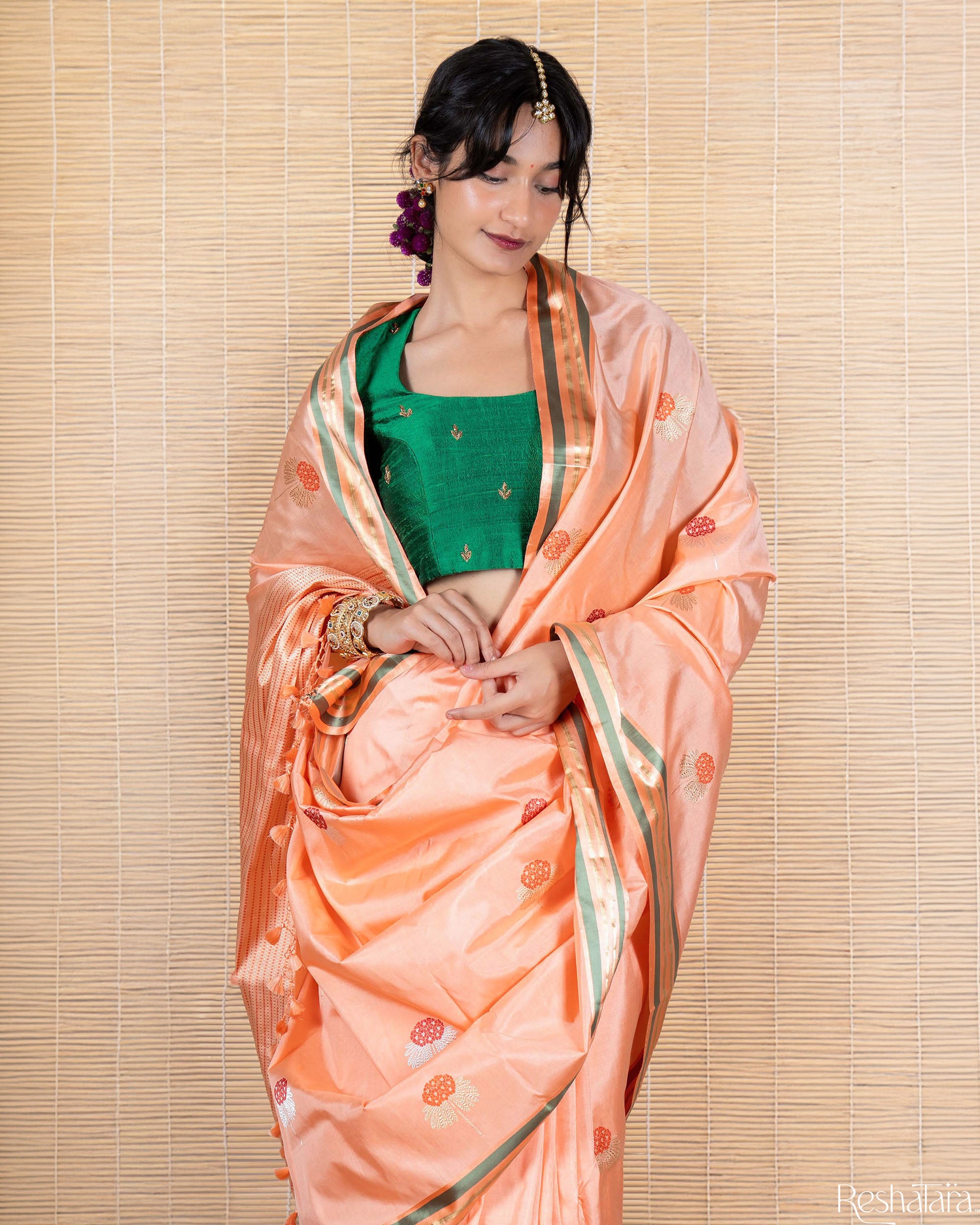 Powder Peach Meenadar Kadhua Pure Katan silk Banarasi Handloom Saree