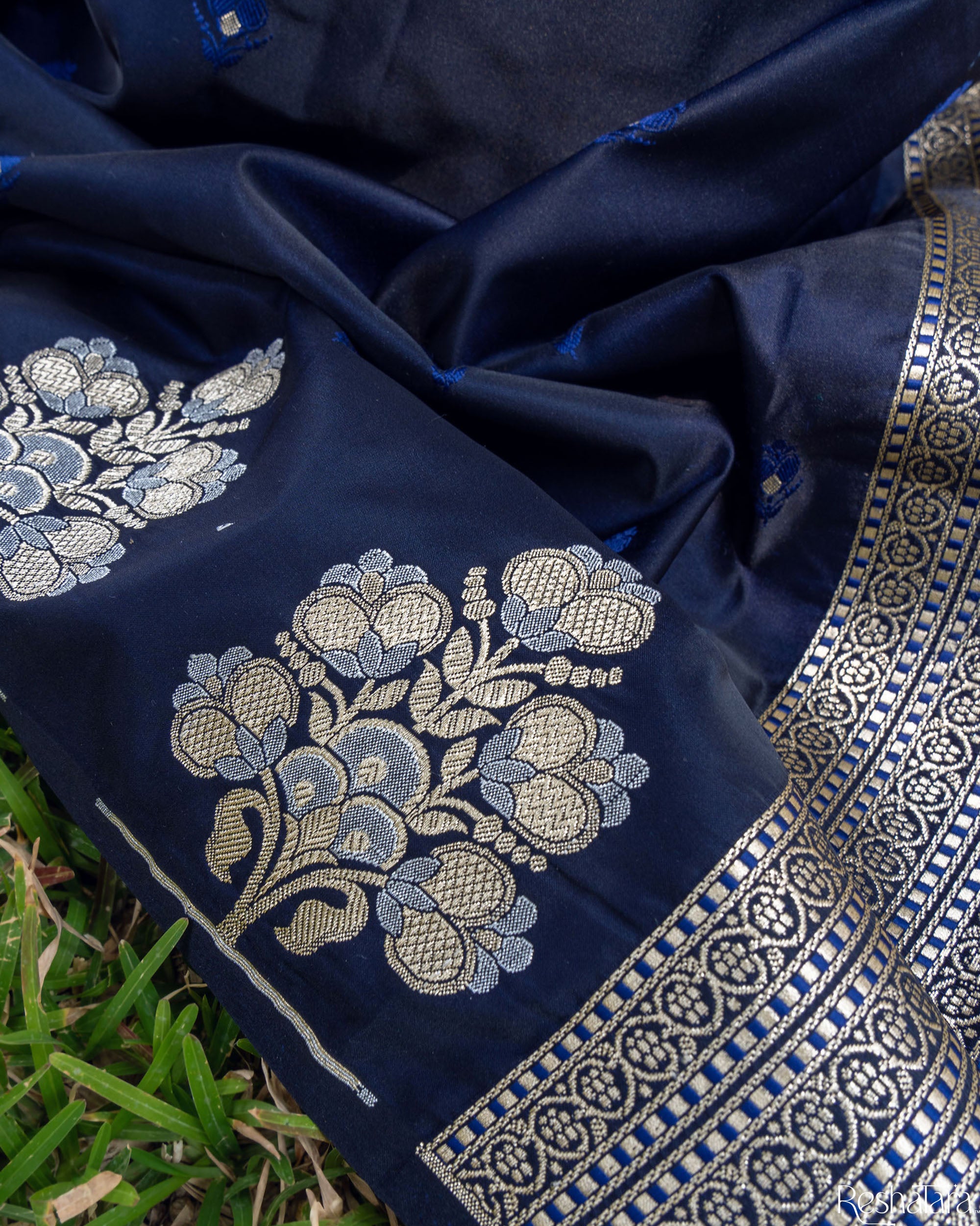 Navy Blue Mashru Silk Banarasi Handloom Dupatta