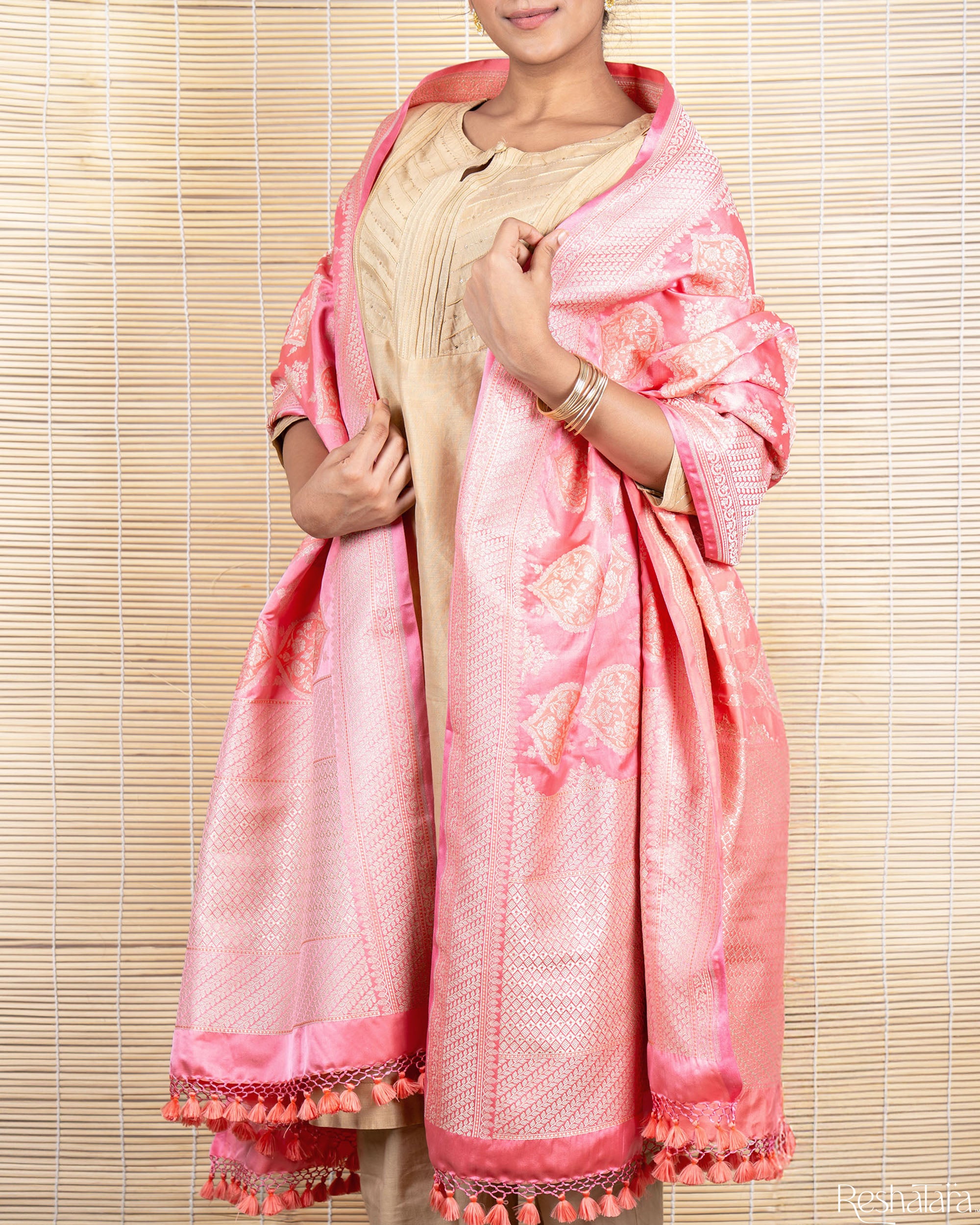 Blush Pink Mashru Silk Banarasi Handloom Dupatta