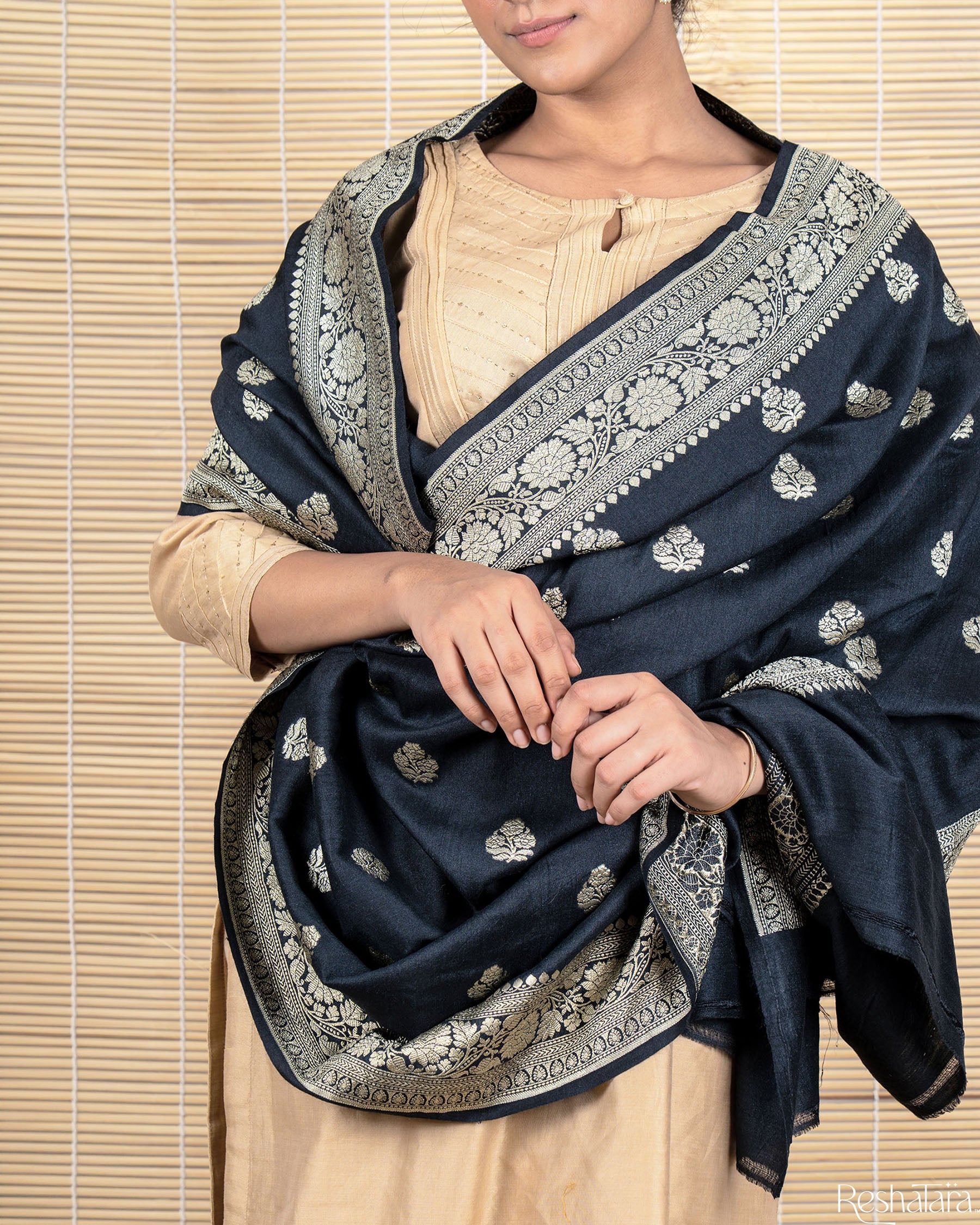 Black Munga Silk Banarasi Handloom Dupatta