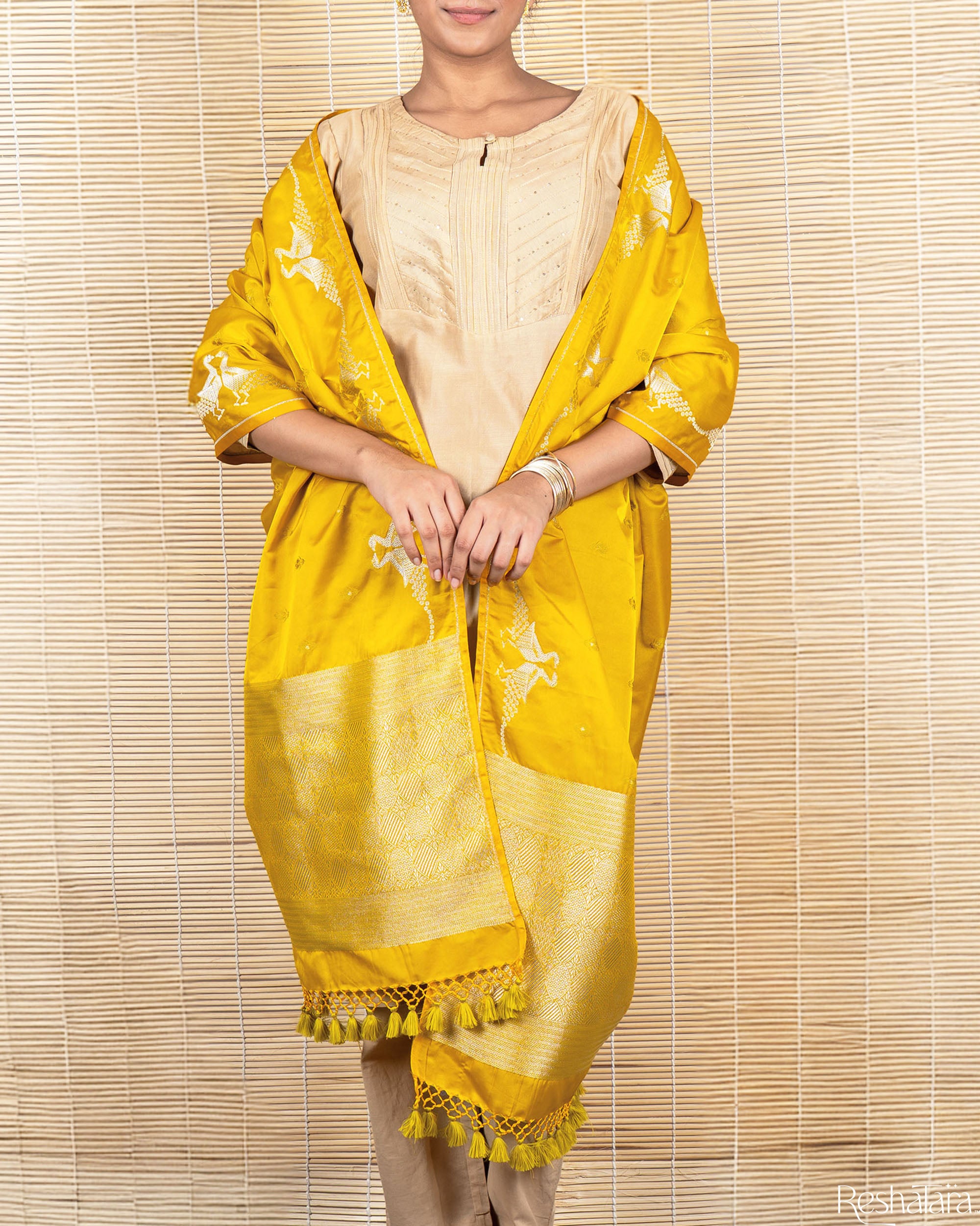 Mango Yellow Mulberry Silk Banarasi Handloom Dupatta