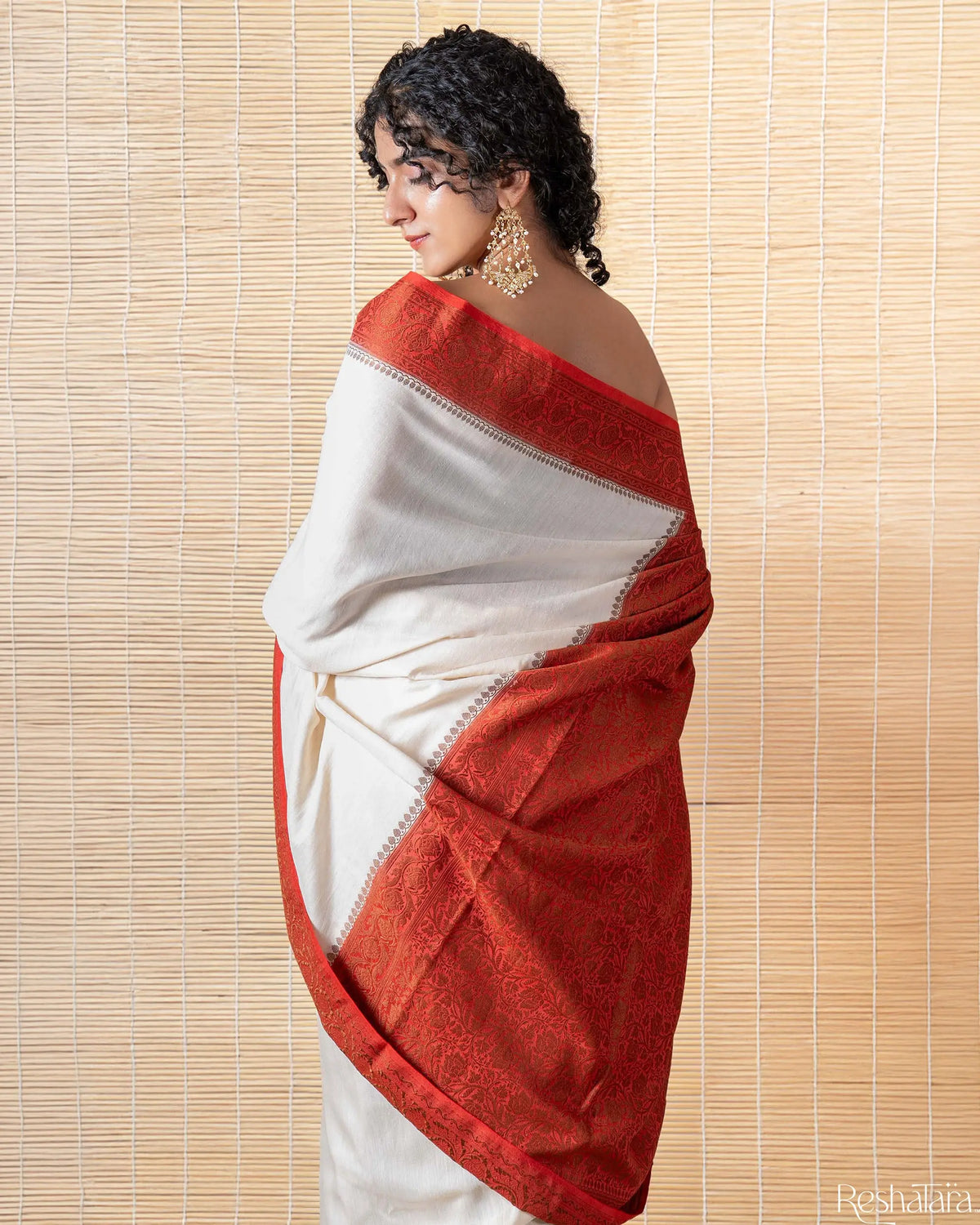 Pearl White and Rust Maroon Pure Munga Silk Banarasi Handloom Saree