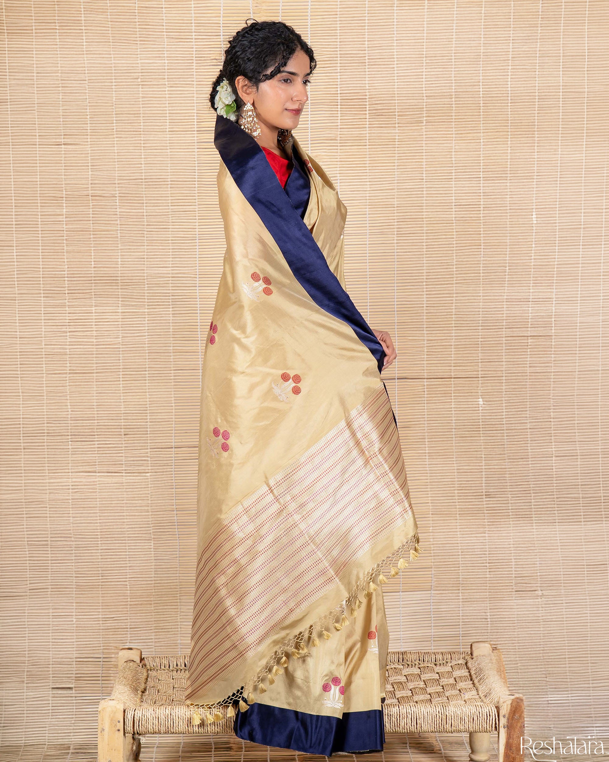 Beige Meenadar Kadhua Pure Katan silk Banarasi Handloom Saree