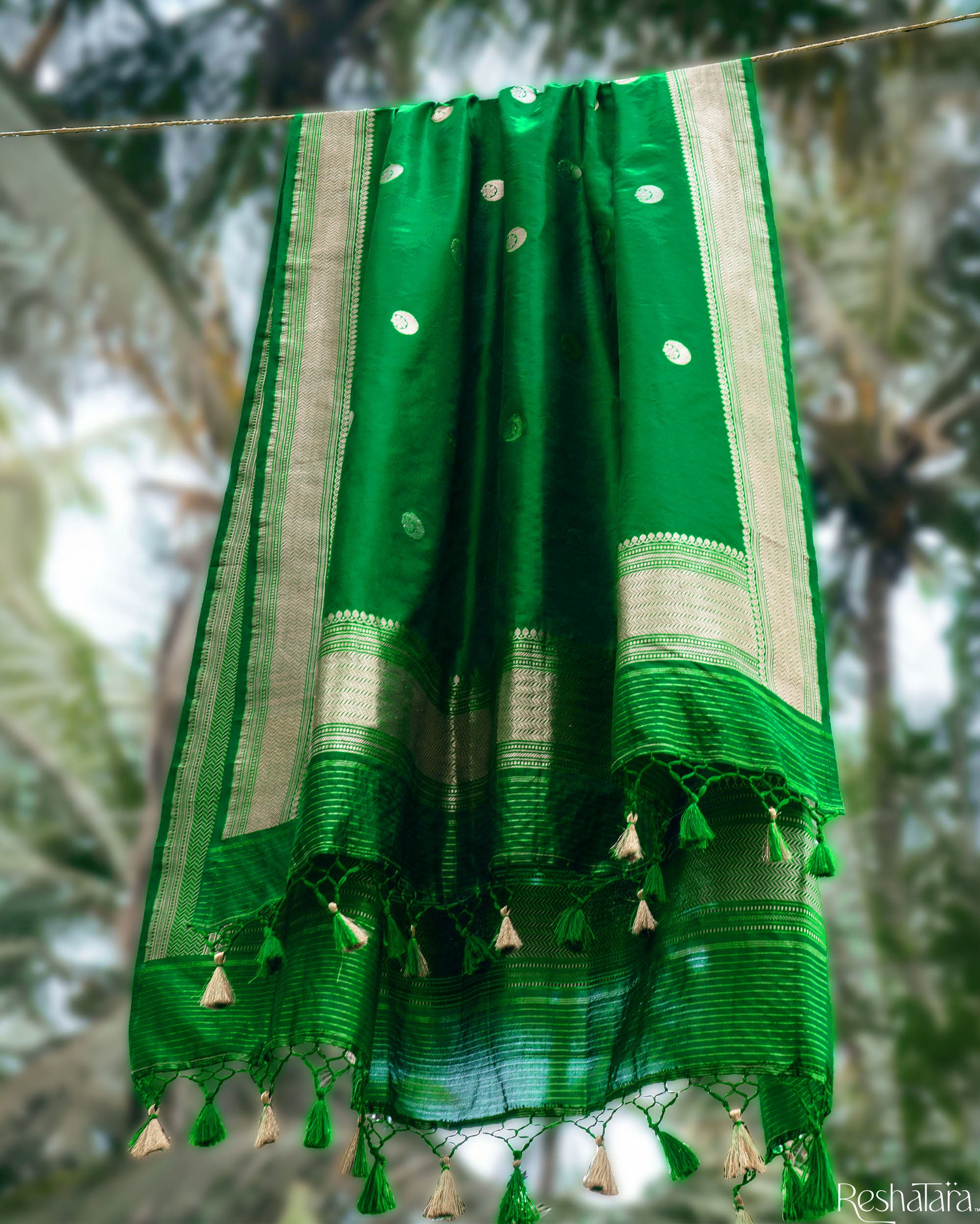Bottle Green Pure Katan Silk Banarasi Handloom Kadhua Dupatta
