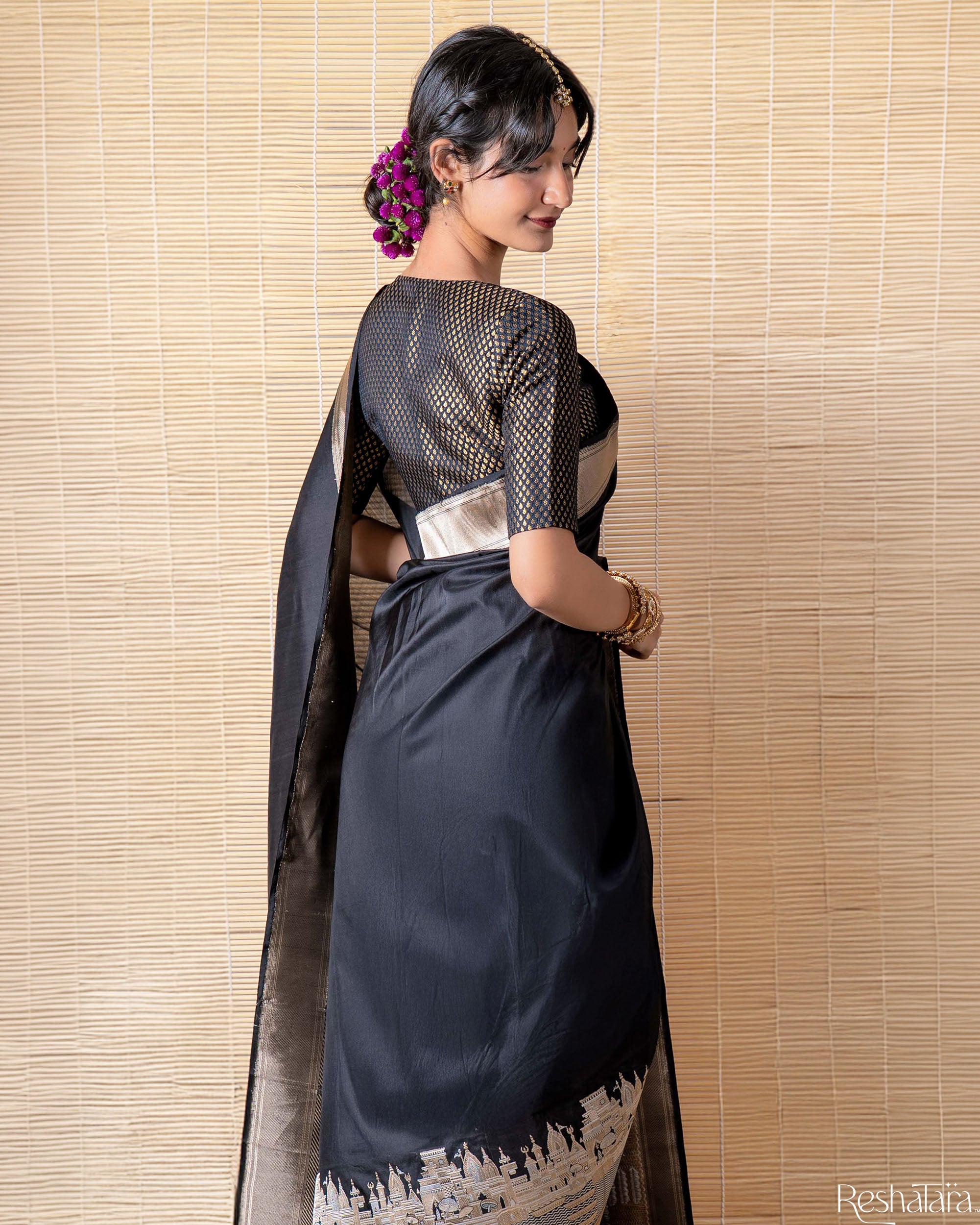 Kashi' Black Kadhua Pure Katan Silk Banarasi Handloom Saree