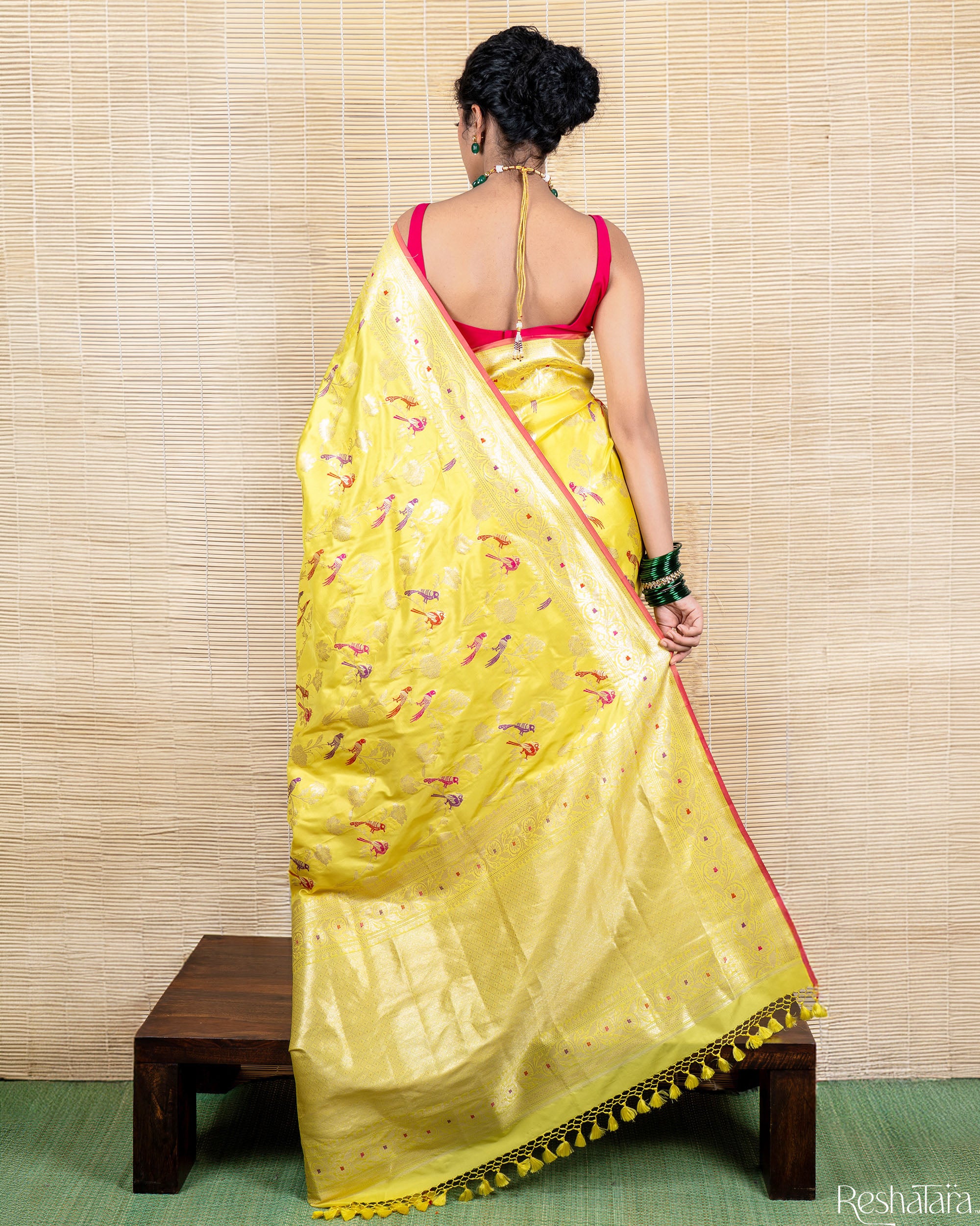 Canary Yellow Meenadar Pure Katan Silk Banarasi Jangla Handloom Saree