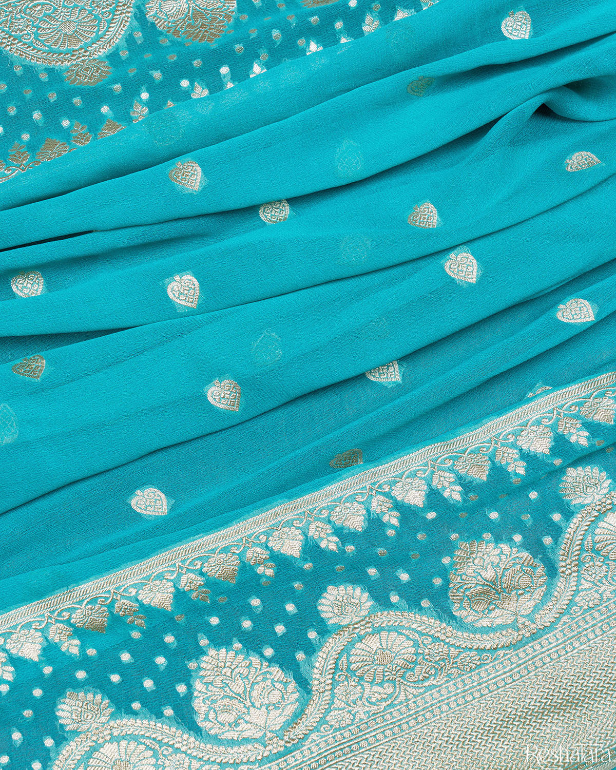 Turquoise Blue Pure Georgette Banarasi Handloom Saree