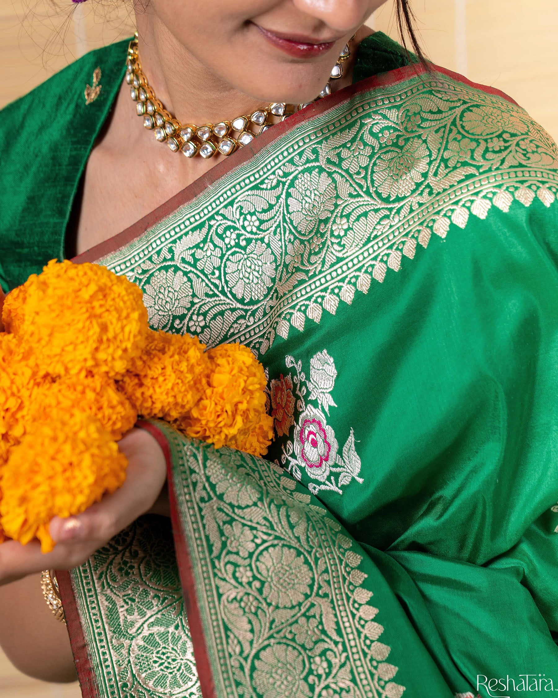 Vibrant Green Sona Rupa Meenadar Kadhua Pure Katan Silk Banarasi Handloom Saree
