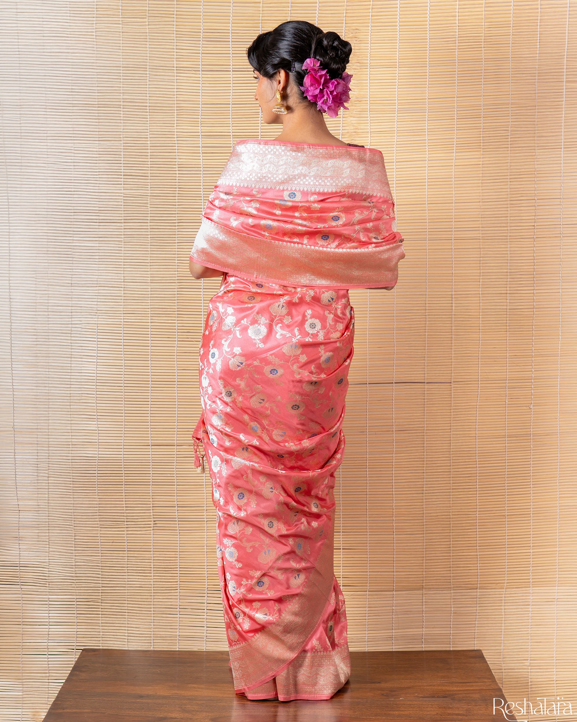 Rose Pink Meenadar Pure Katan Silk Banarasi Jangla Handloom Saree