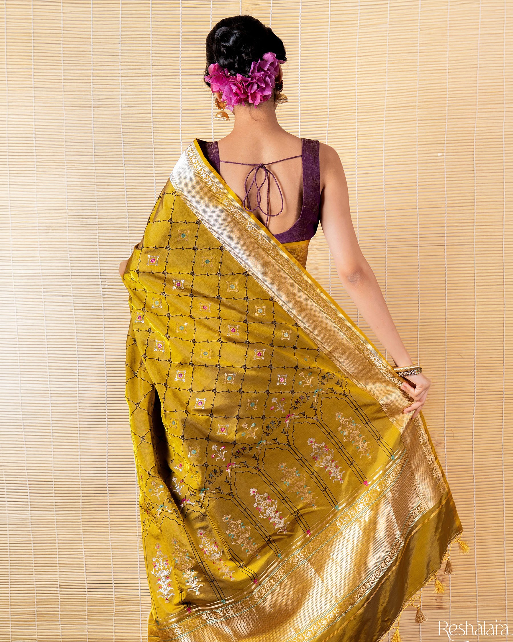Dusty Olive Green Meenadar Tanchoi Pure Katan Silk Banarasi Handloom Saree