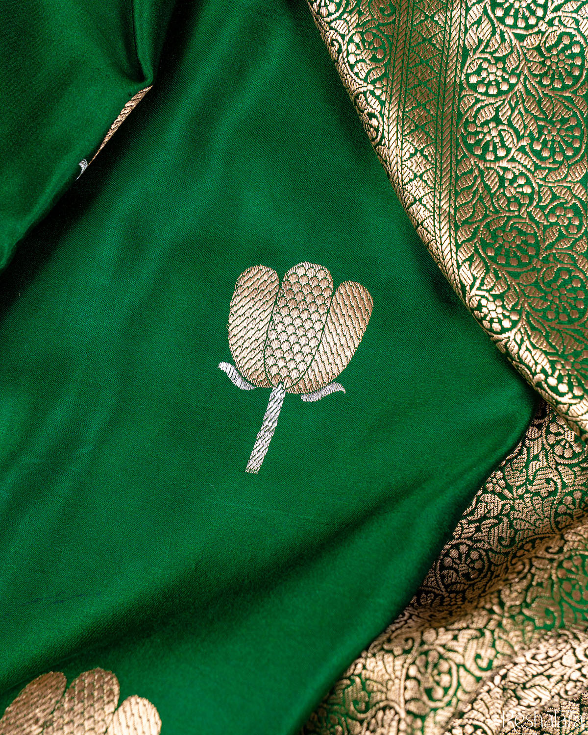 Emerald Green Sona Rupa Kadhua Pure Mulberry Silk Banarasi Handloom Saree