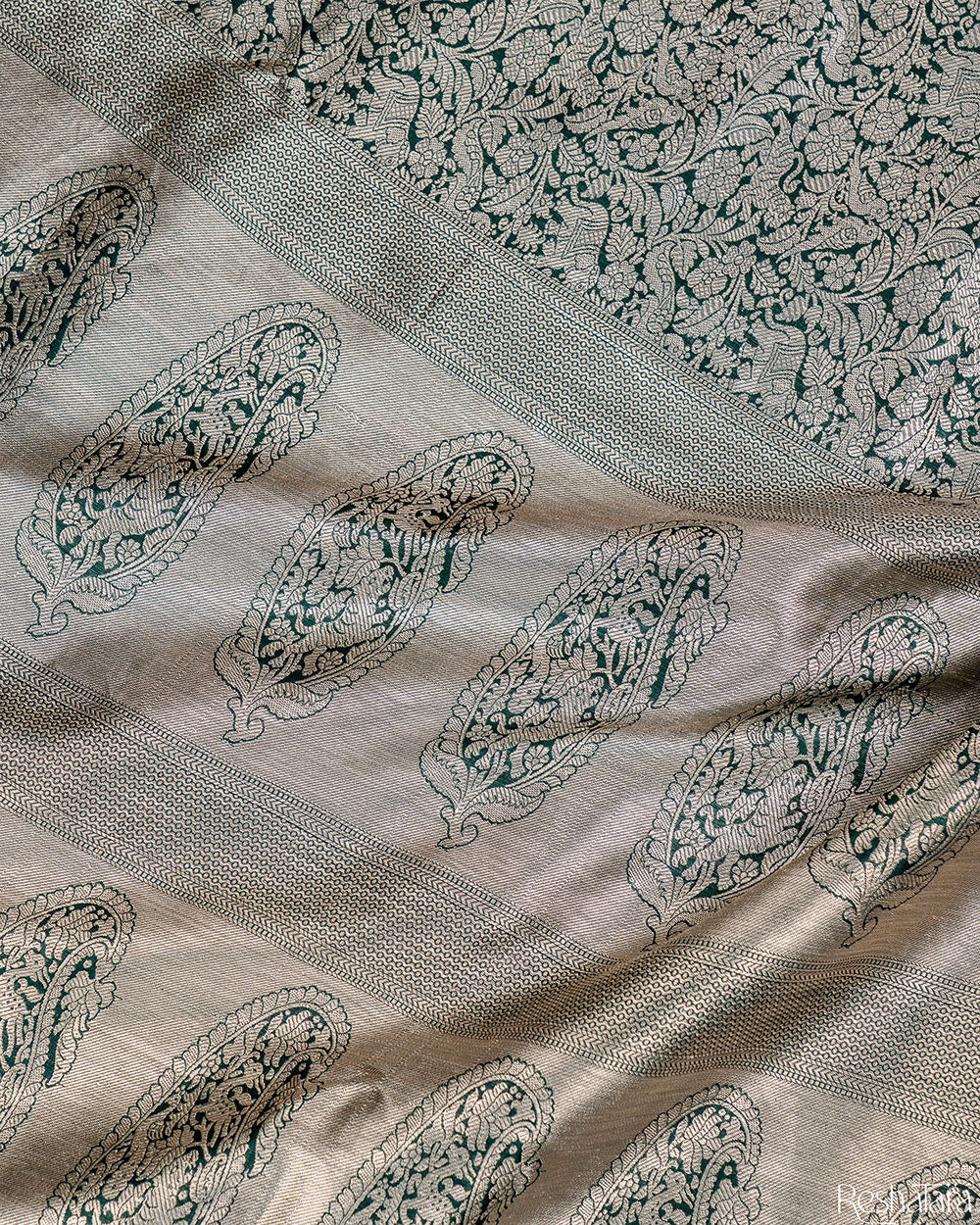 Forest Green Pure Katan Silk Banarasi Shikargah Handloom Saree