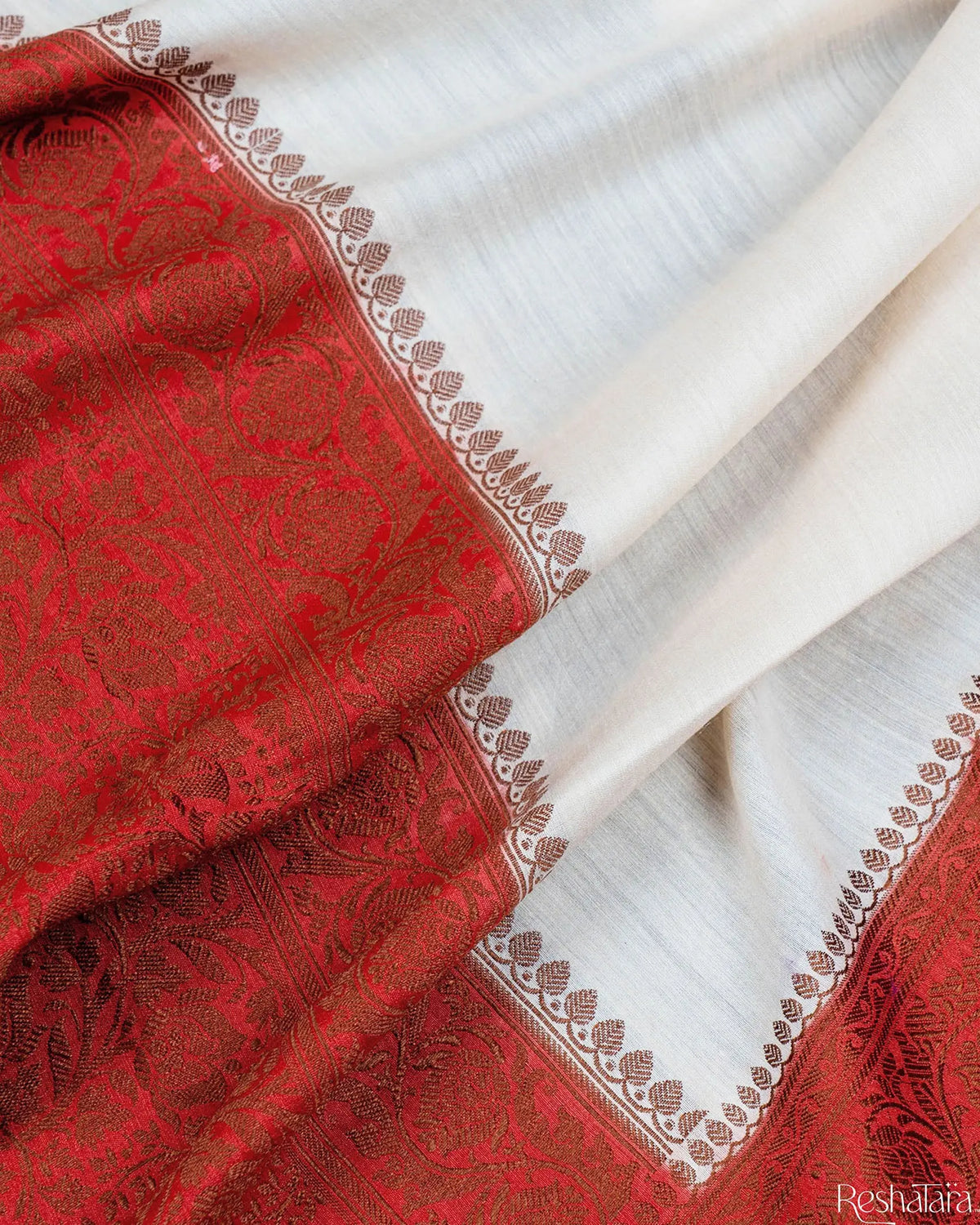 Pearl White and Rust Maroon Pure Munga Silk Banarasi Handloom Saree