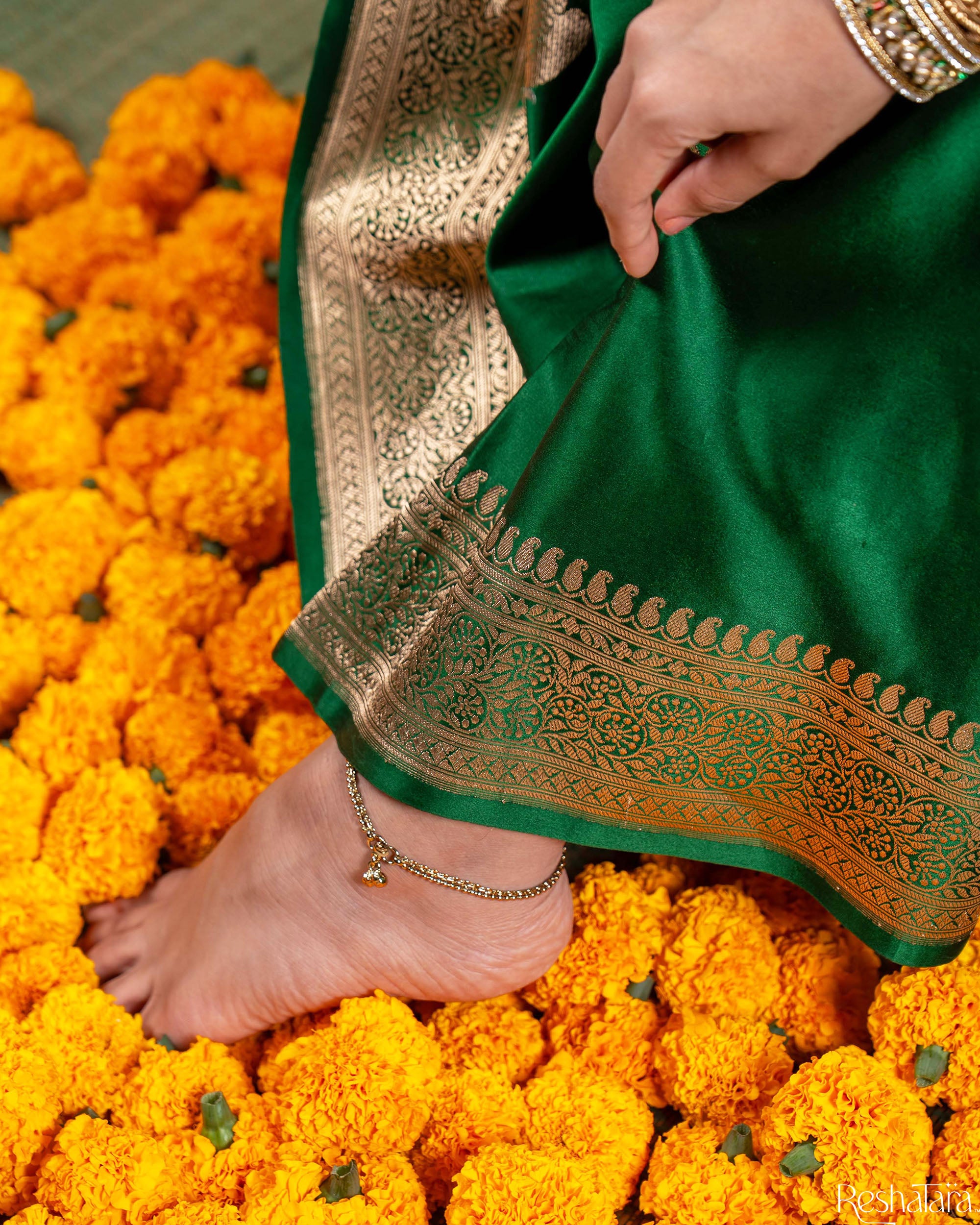 Emerald Green Sona Rupa Kadhua Pure Mulberry Silk Banarasi Handloom Saree