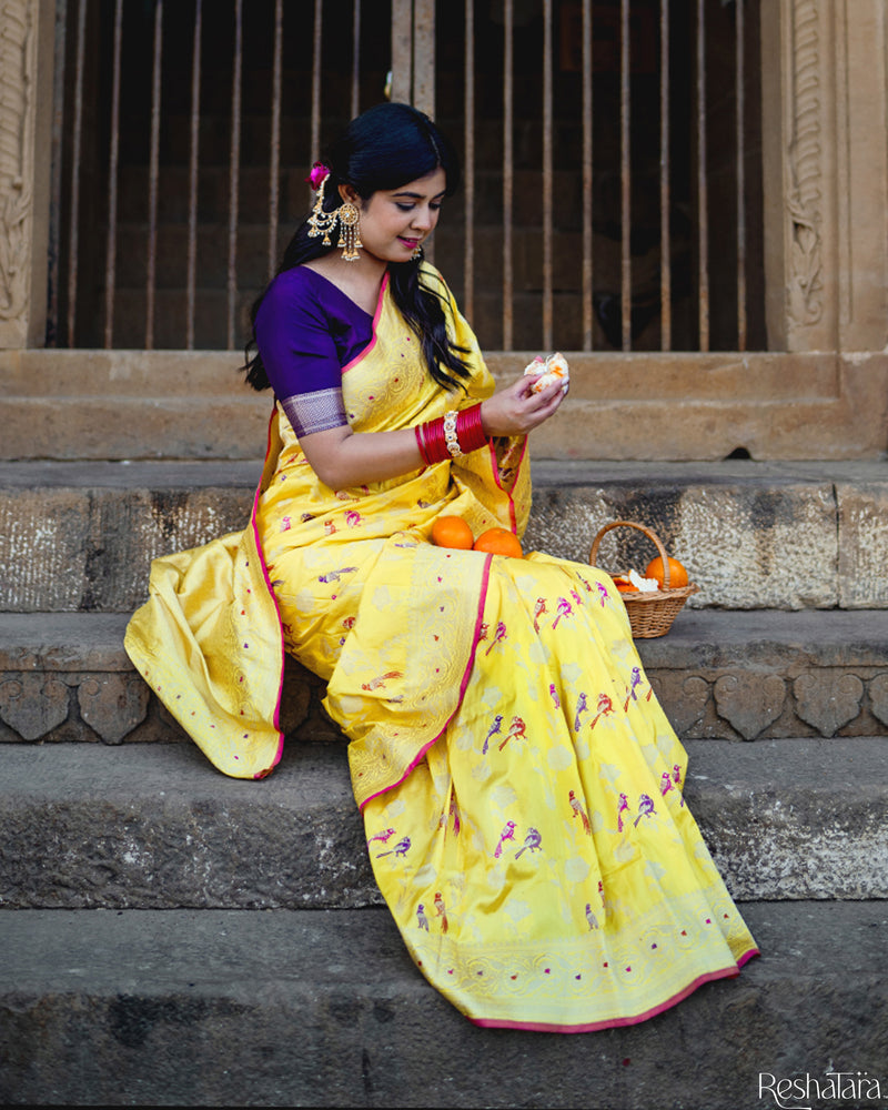 Canary Yellow Meenadar Pure Katan Silk Banarasi Jangla Handloom Saree