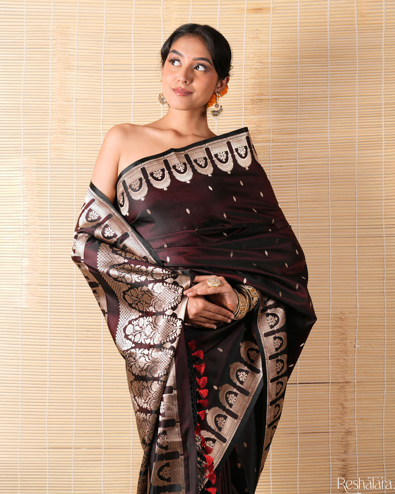 Chocolate Brown Kadhua Mulberry Silk Banarasi Handloom Saree
