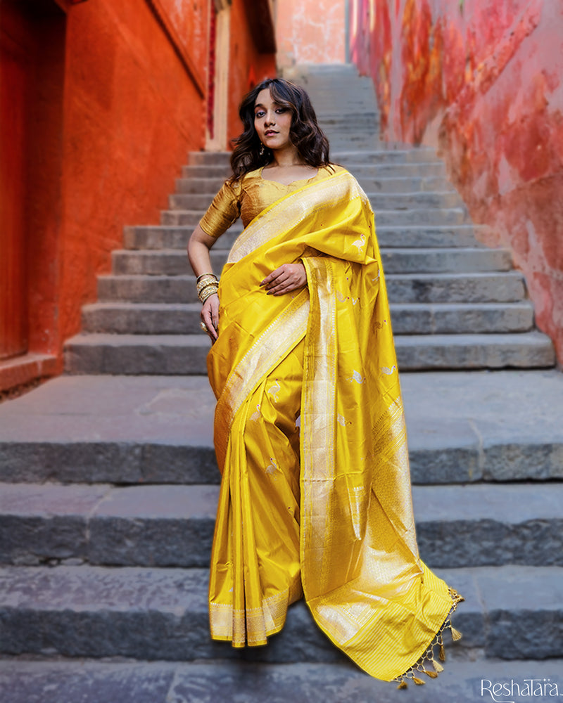 Mustard Yellow Meenadar Kadhua Pure Katan Silk Banarasi Handloom Saree