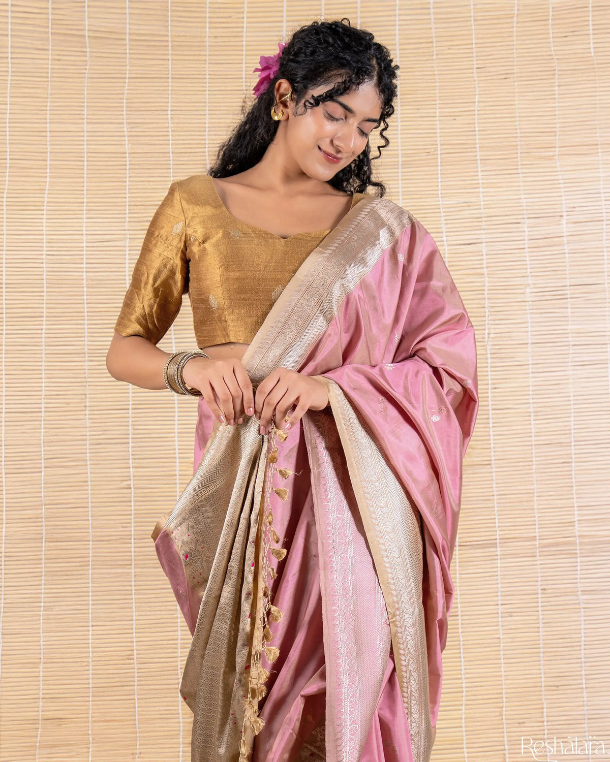 Blush Pink & Copper Meenadar Kadhua Pure Katan Silk Banarasi Handloom Saree