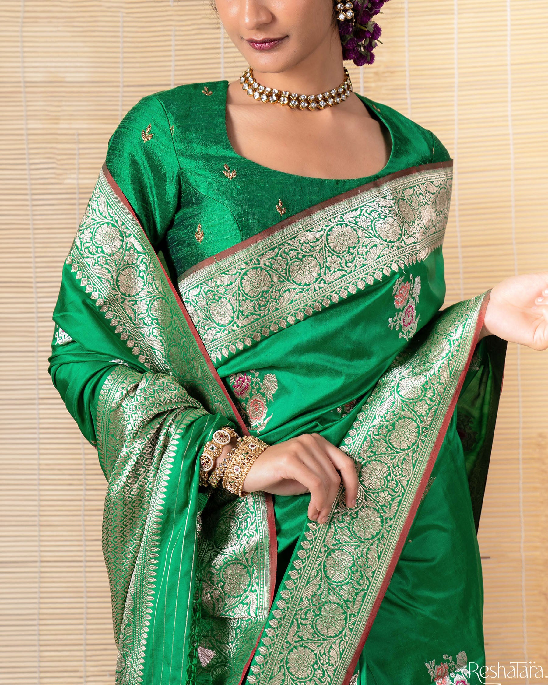 Vibrant Green Sona Rupa Meenadar Kadhua Pure Katan Silk Banarasi Handloom Saree