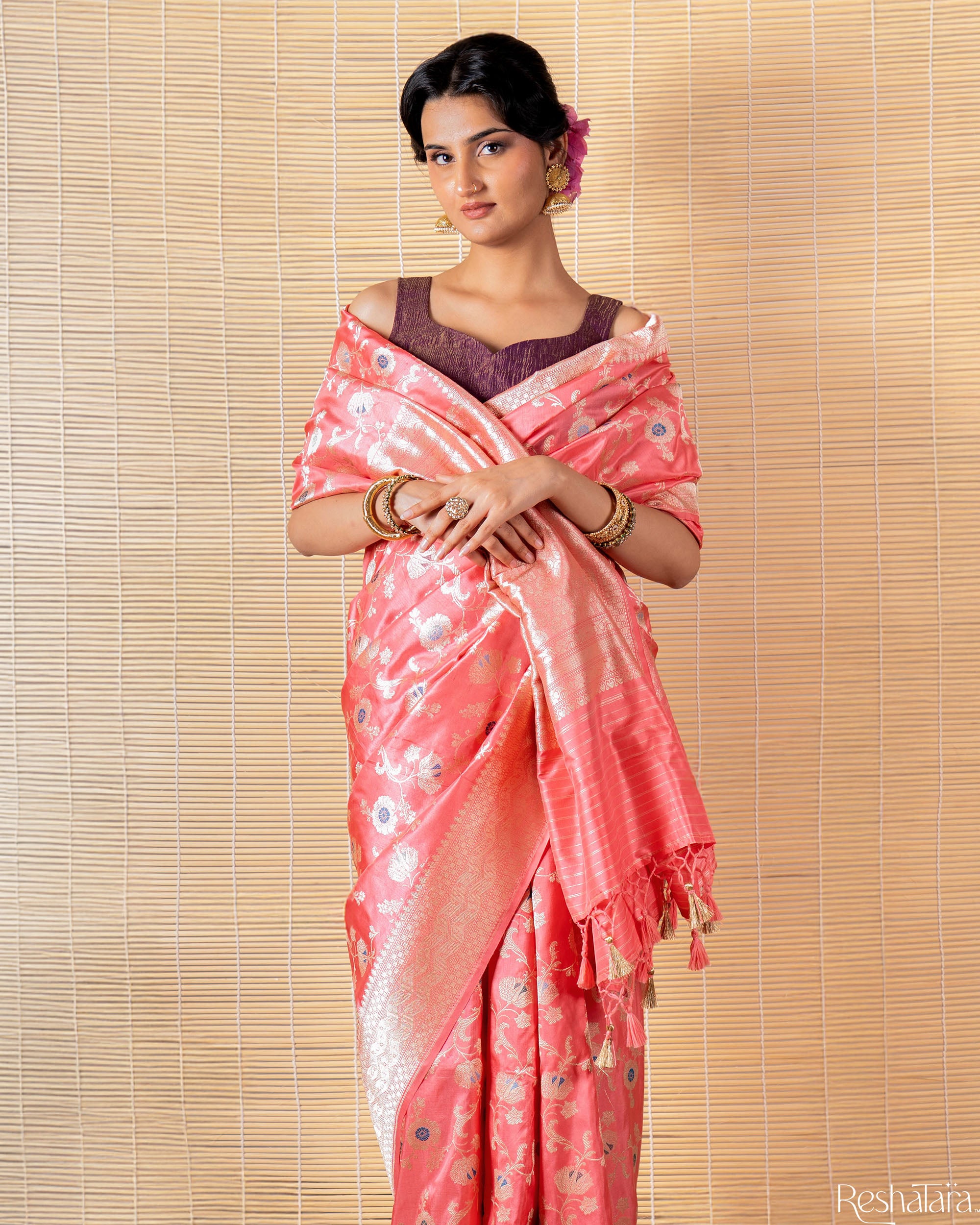 Rose Pink Meenadar Pure Katan Silk Banarasi Jangla Handloom Saree