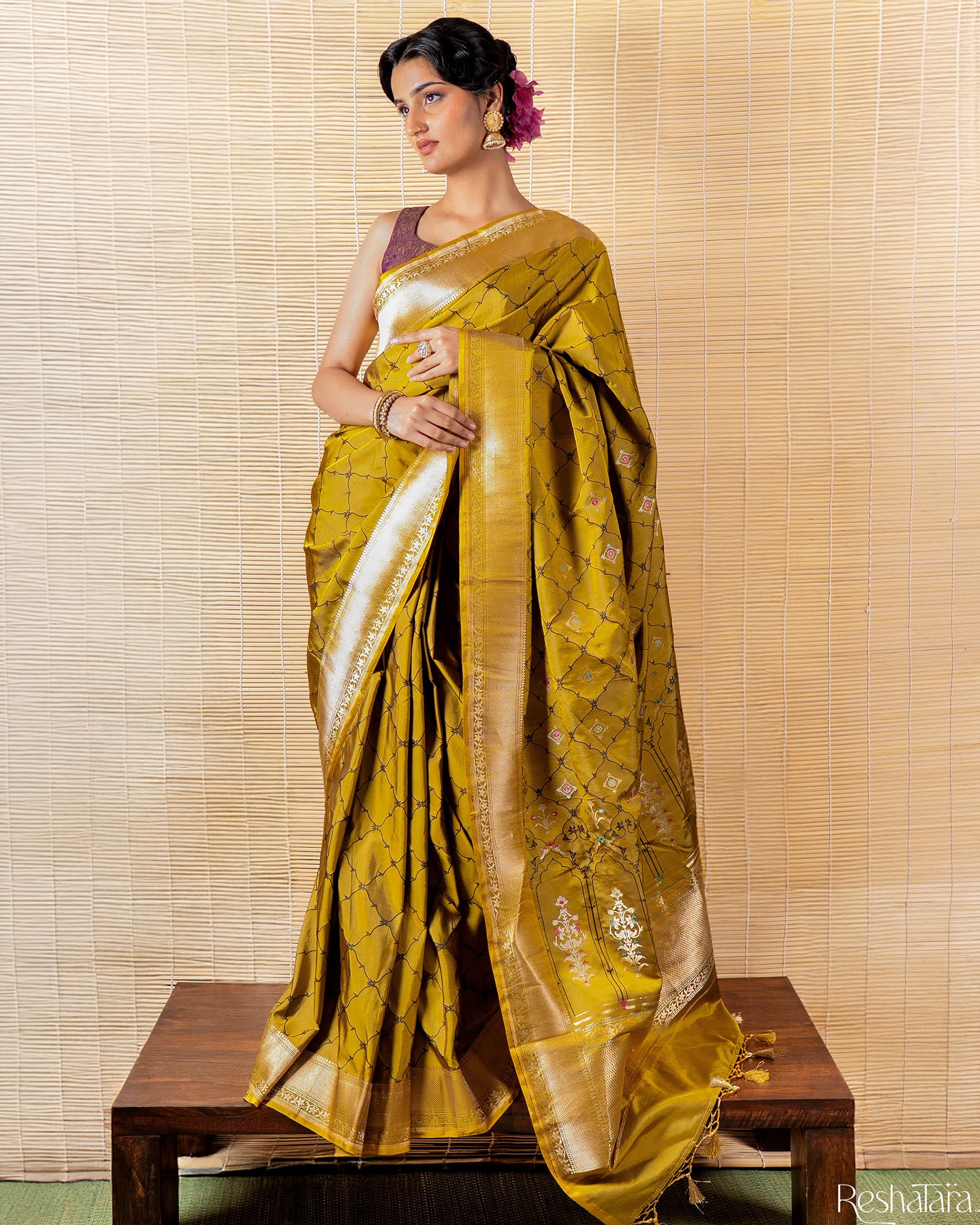 Dusty Olive Green Meenadar Tanchoi Pure Katan Silk Banarasi Handloom Saree