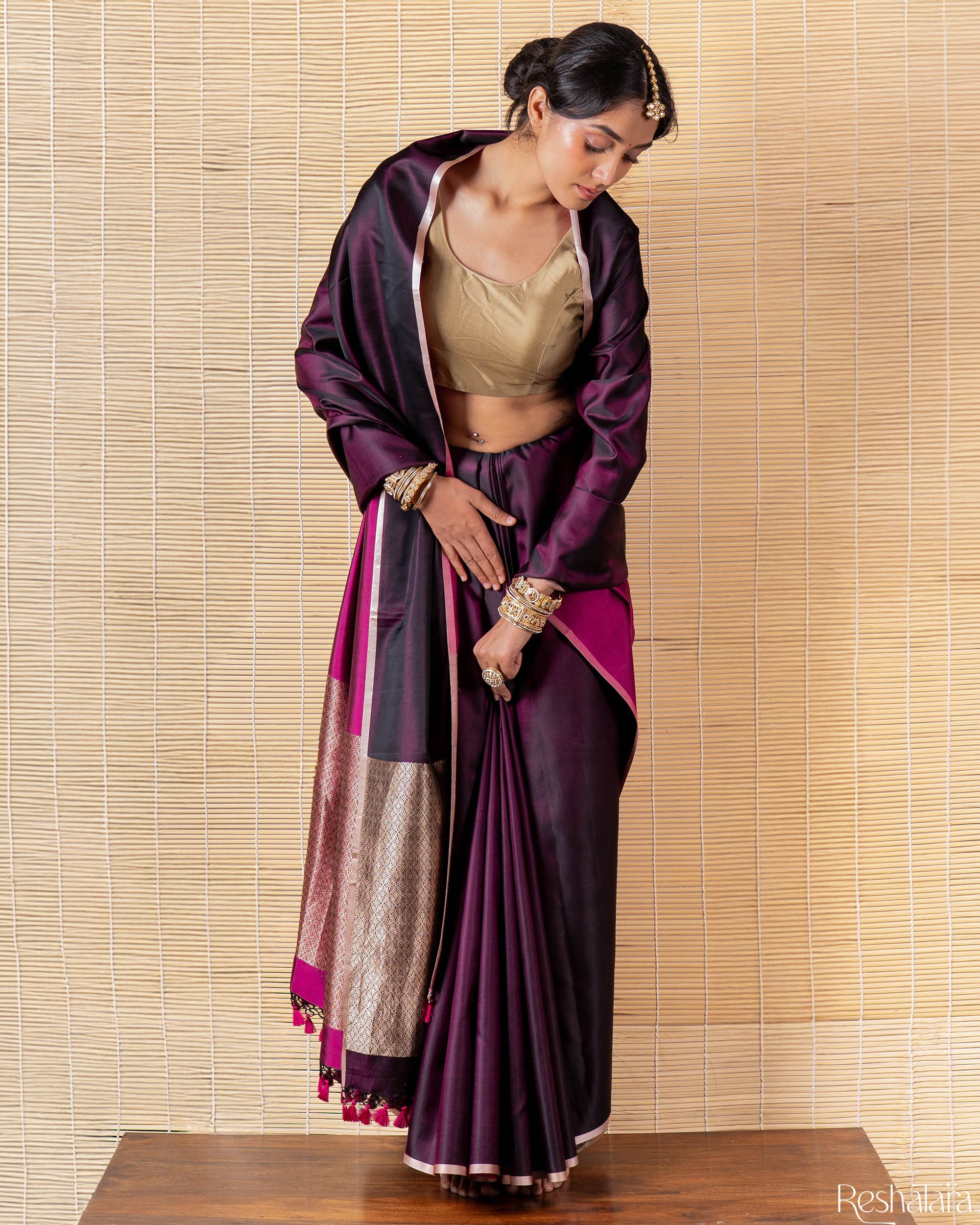 Wine Mulberry Silk Banarasi Handloom Saree