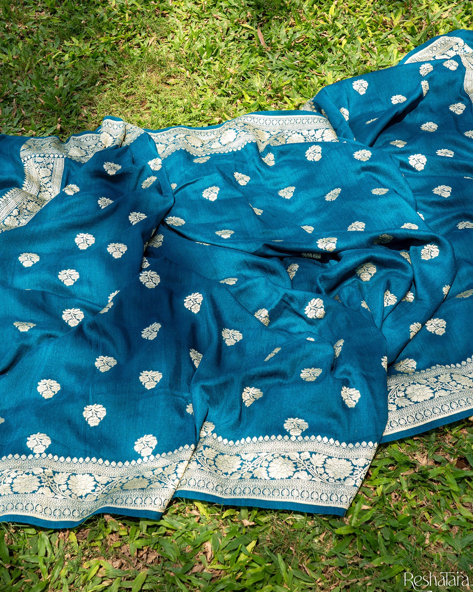 Teal Munga Silk Banarasi Handloom Dupatta